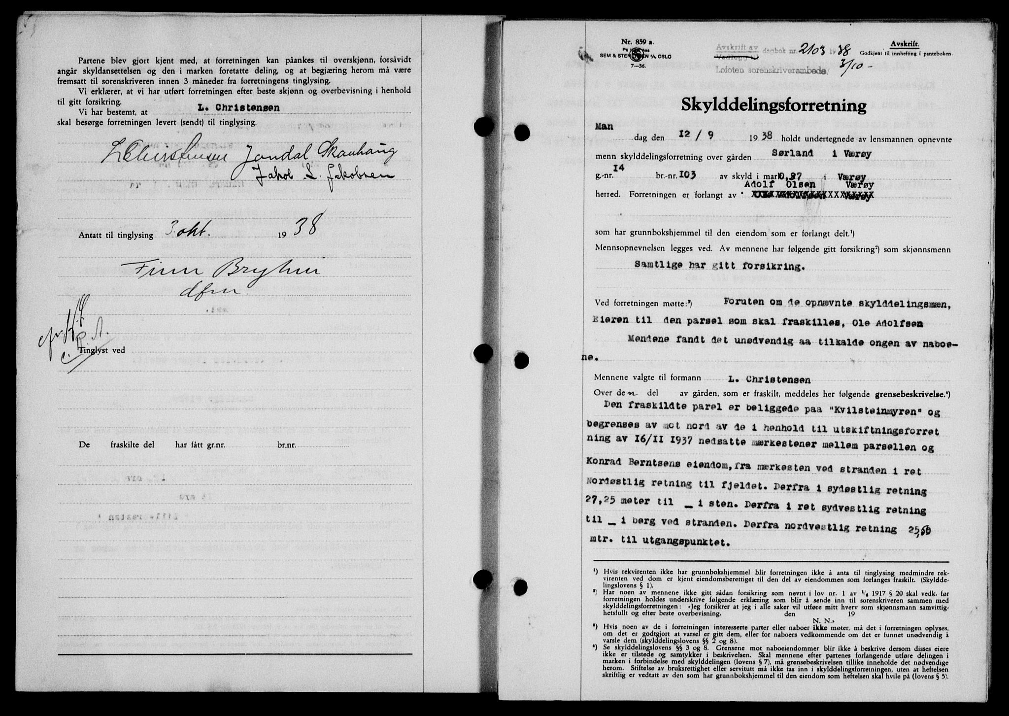 Lofoten sorenskriveri, SAT/A-0017/1/2/2C/L0004a: Mortgage book no. 4a, 1938-1938, Diary no: : 2103/1938