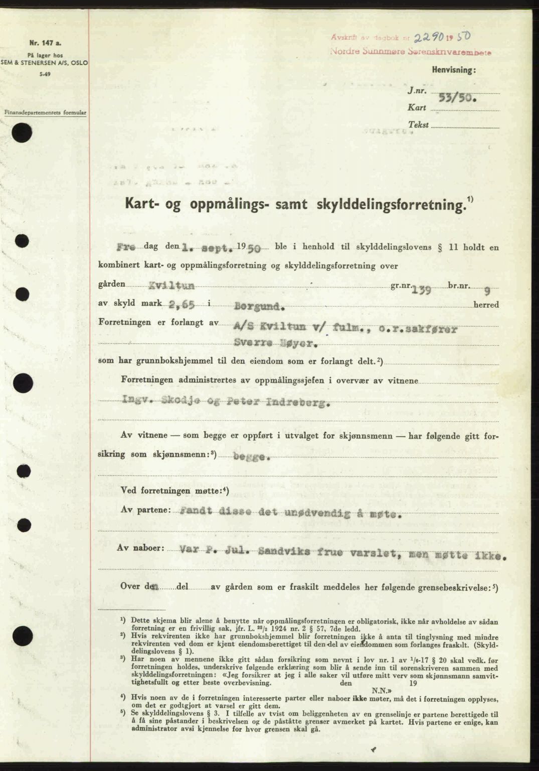 Nordre Sunnmøre sorenskriveri, SAT/A-0006/1/2/2C/2Ca: Mortgage book no. A36, 1950-1950, Diary no: : 2290/1950