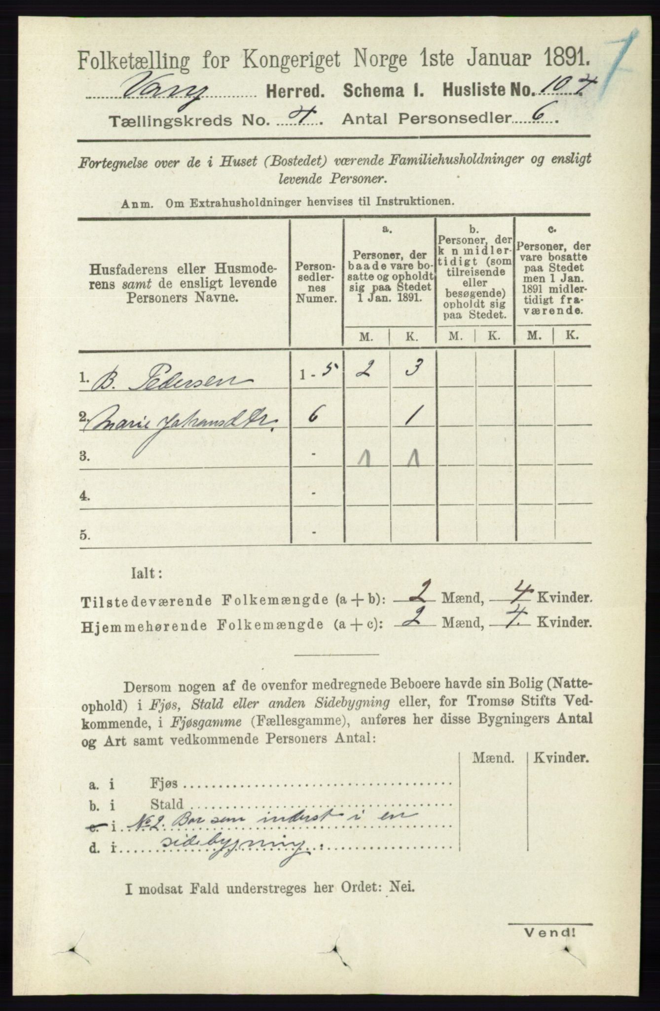 RA, 1891 census for 0414 Vang, 1891, p. 2733