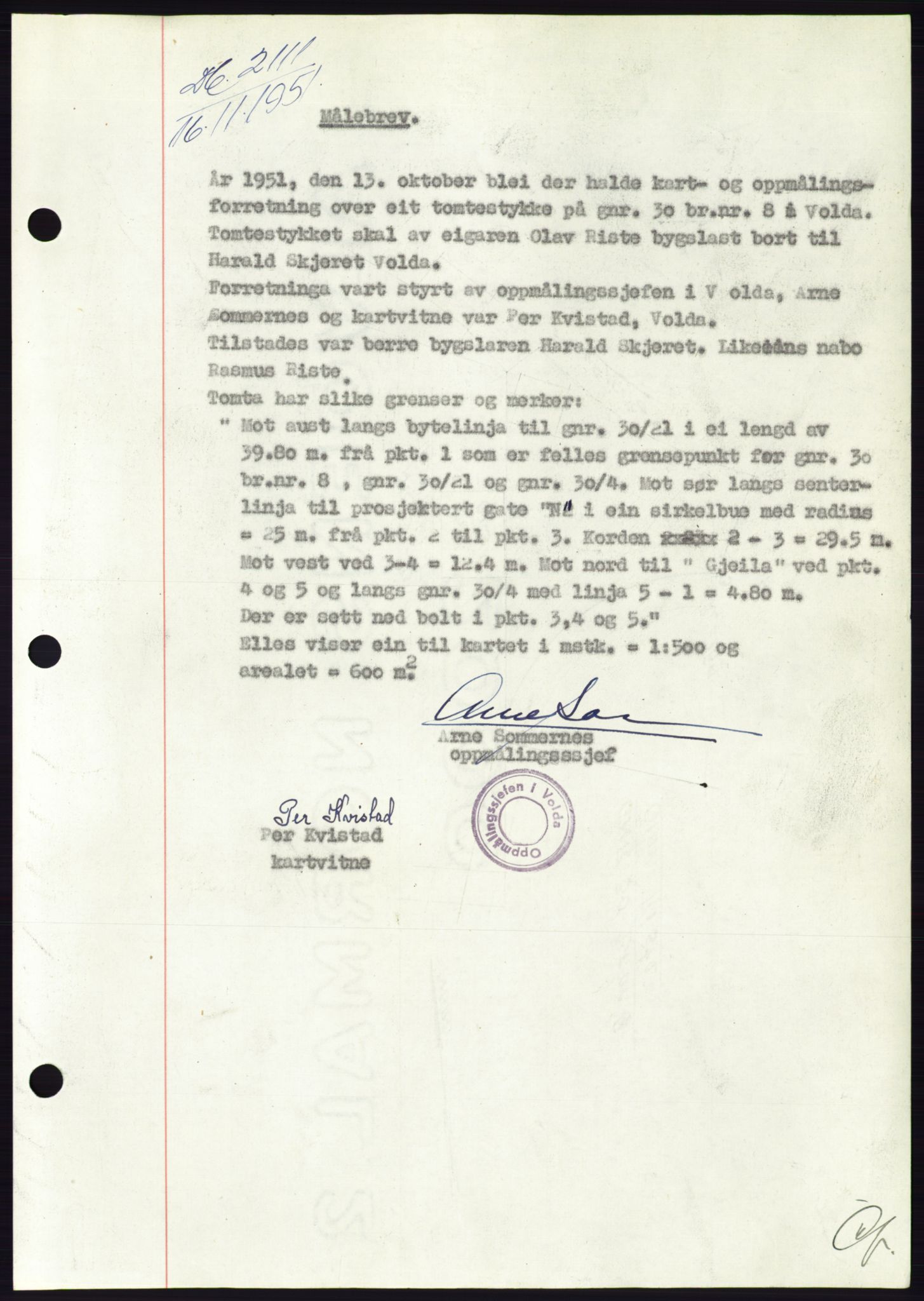 Søre Sunnmøre sorenskriveri, AV/SAT-A-4122/1/2/2C/L0090: Mortgage book no. 16A, 1951-1951, Diary no: : 2111/1951