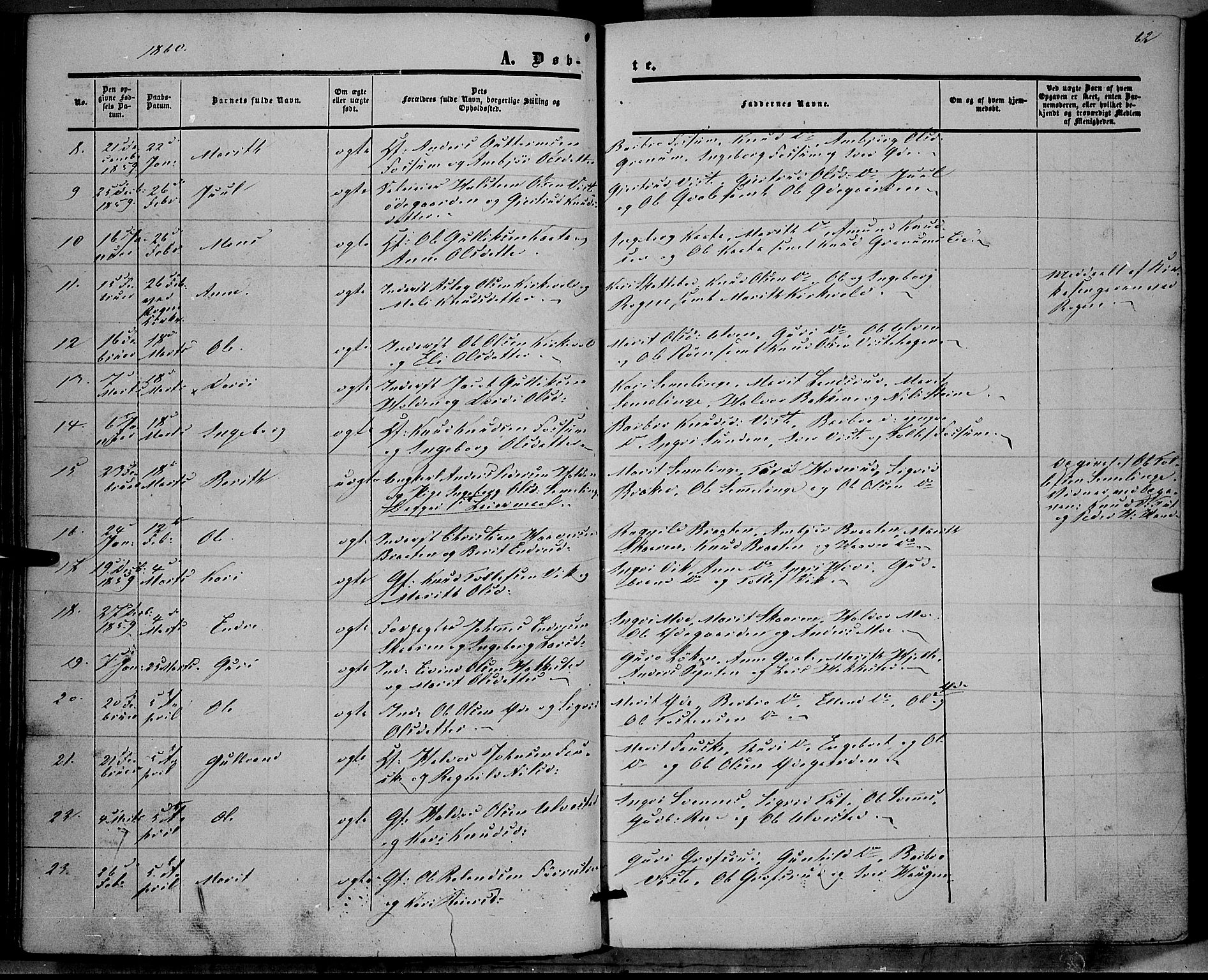 Vestre Slidre prestekontor, SAH/PREST-136/H/Ha/Haa/L0002: Parish register (official) no. 2, 1856-1864, p. 62