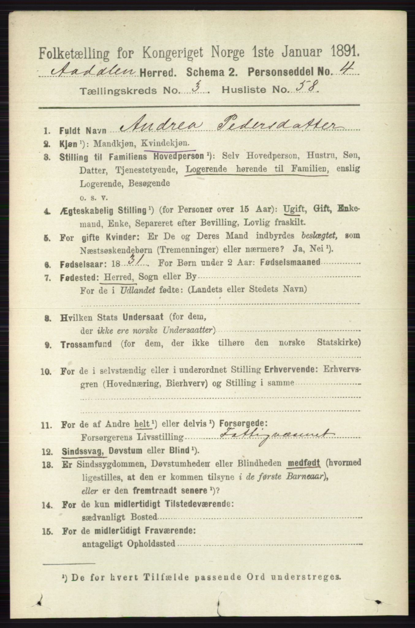 RA, 1891 census for 0614 Ådal, 1891, p. 1436