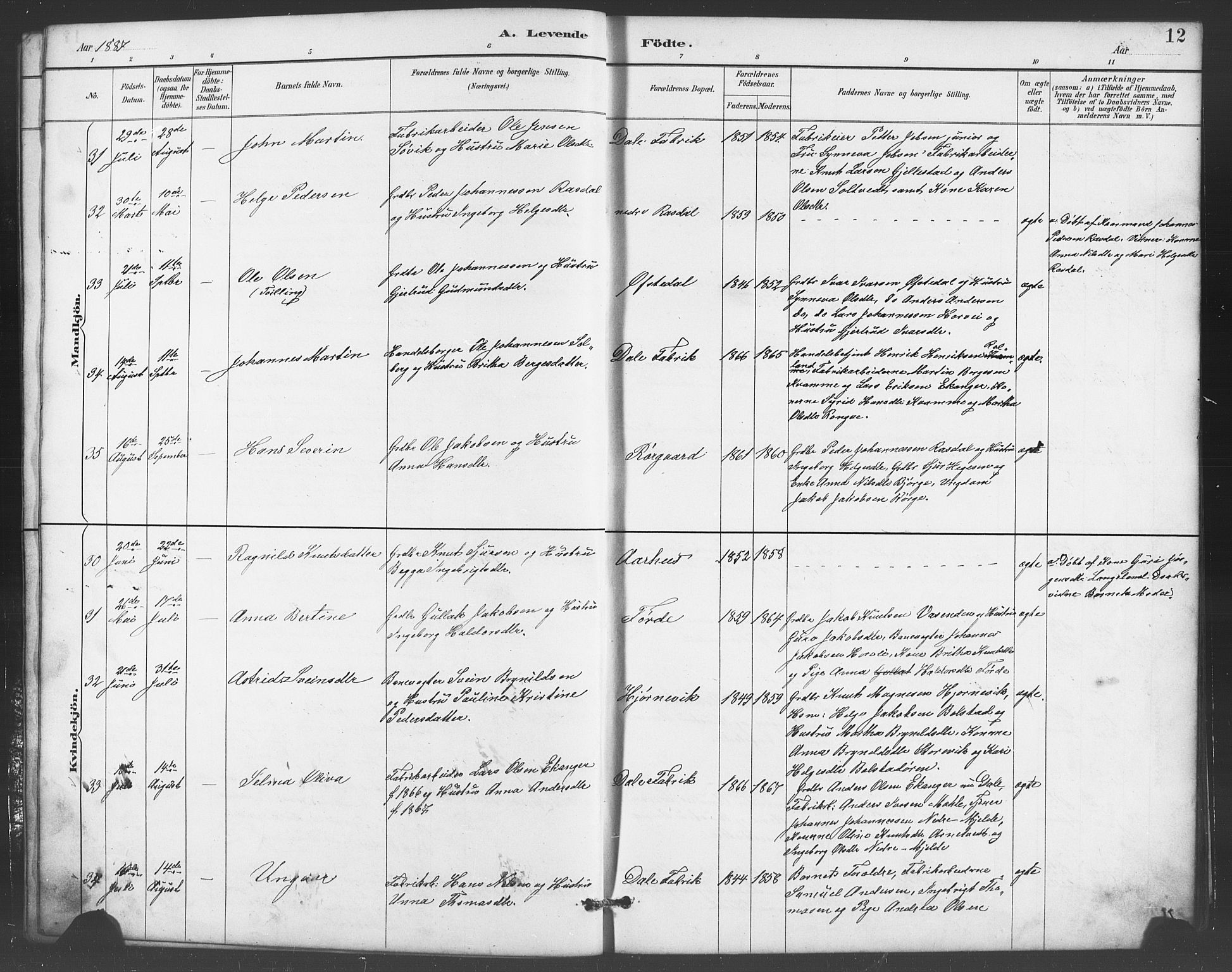 Evanger sokneprestembete, AV/SAB-A-99924: Parish register (copy) no. A 4, 1887-1897, p. 12
