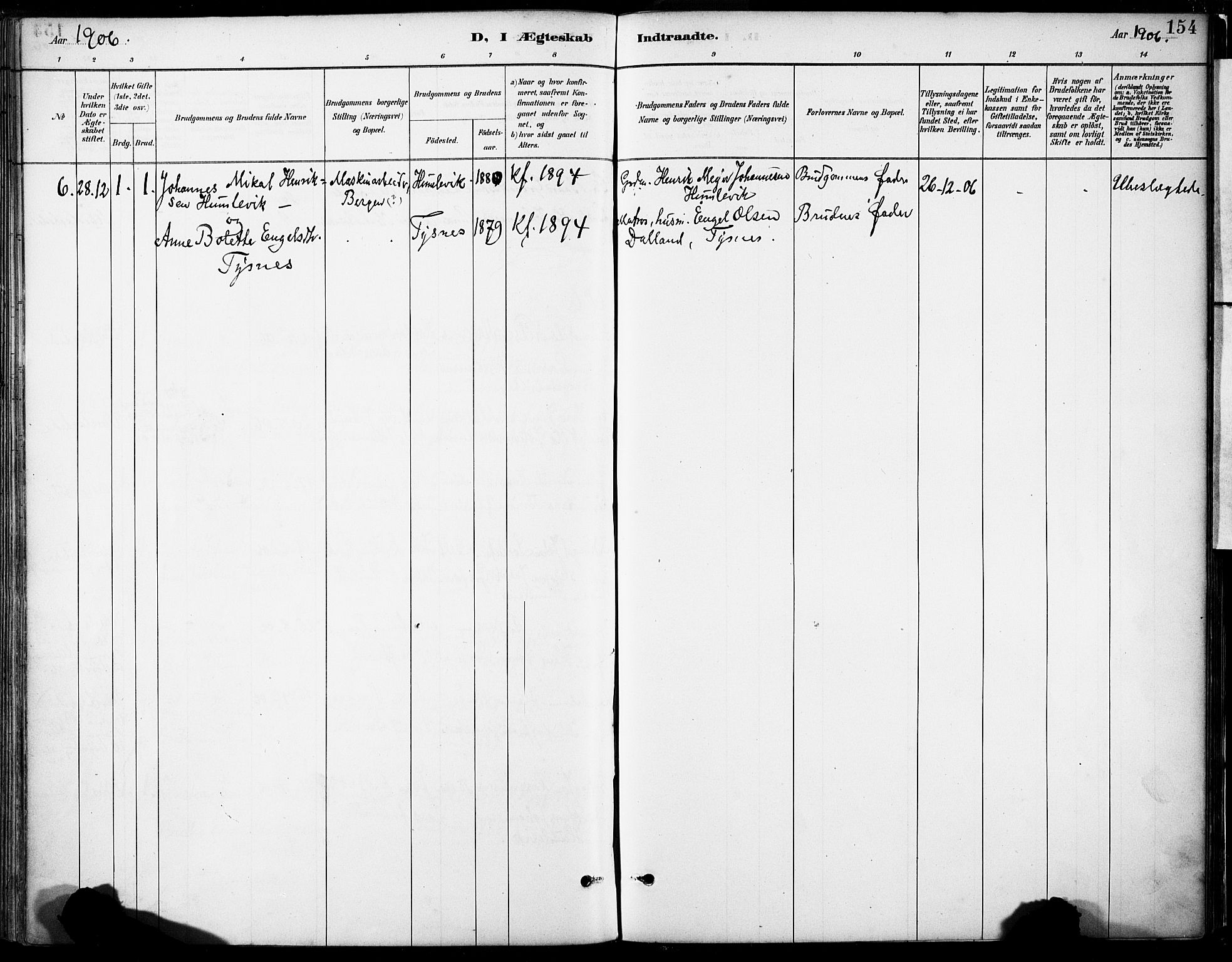 Tysnes sokneprestembete, SAB/A-78601/H/Haa: Parish register (official) no. B 1, 1887-1906, p. 154