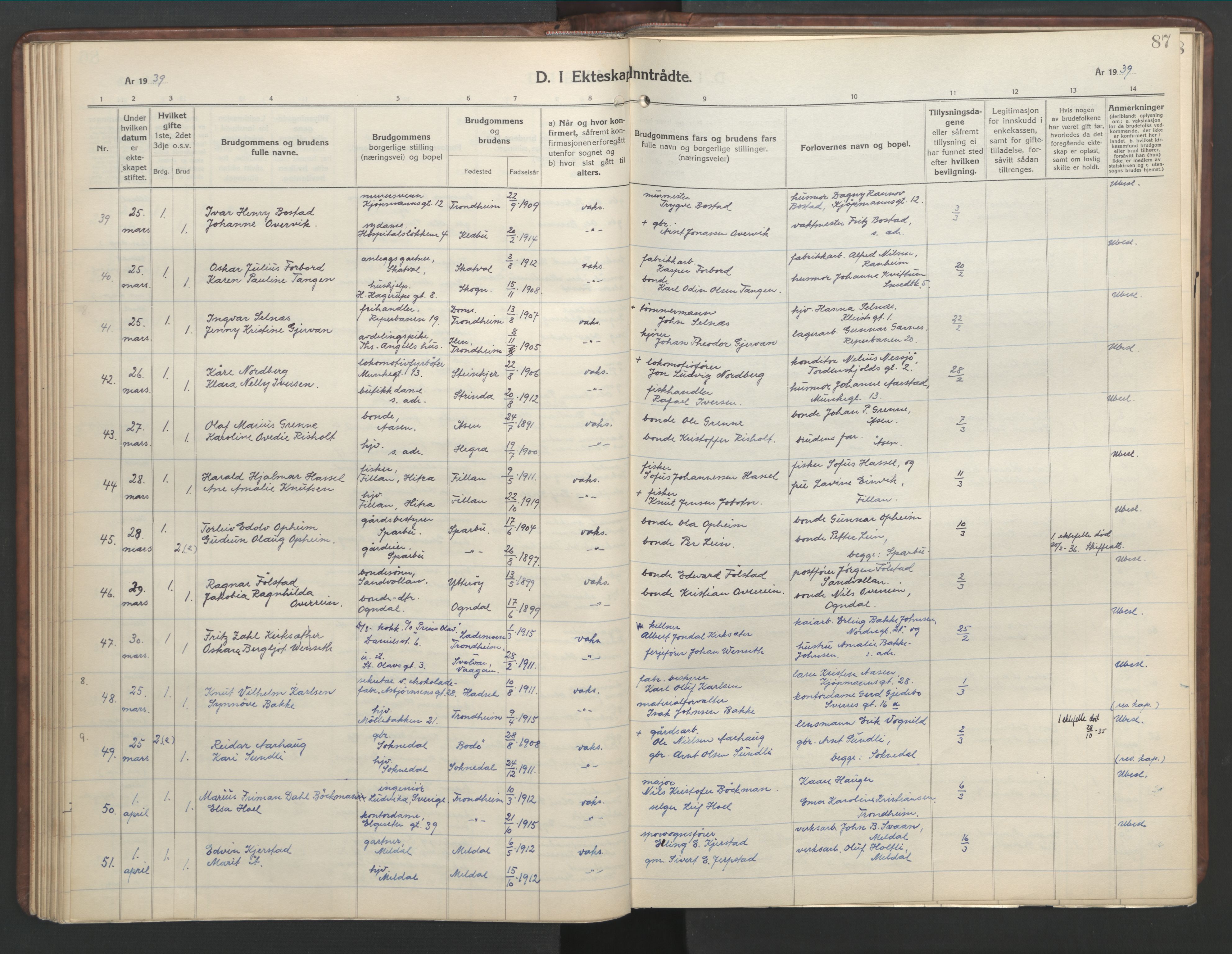 Ministerialprotokoller, klokkerbøker og fødselsregistre - Sør-Trøndelag, AV/SAT-A-1456/601/L0101: Parish register (copy) no. 601C19, 1935-1946, p. 87