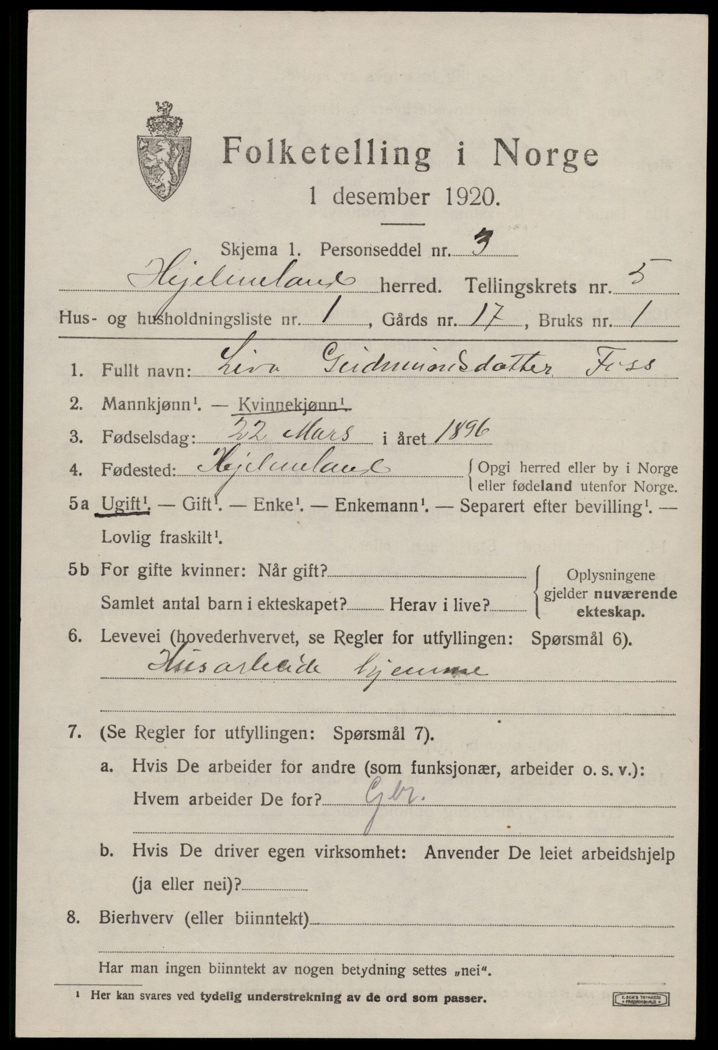 SAST, 1920 census for Hjelmeland, 1920, p. 1819