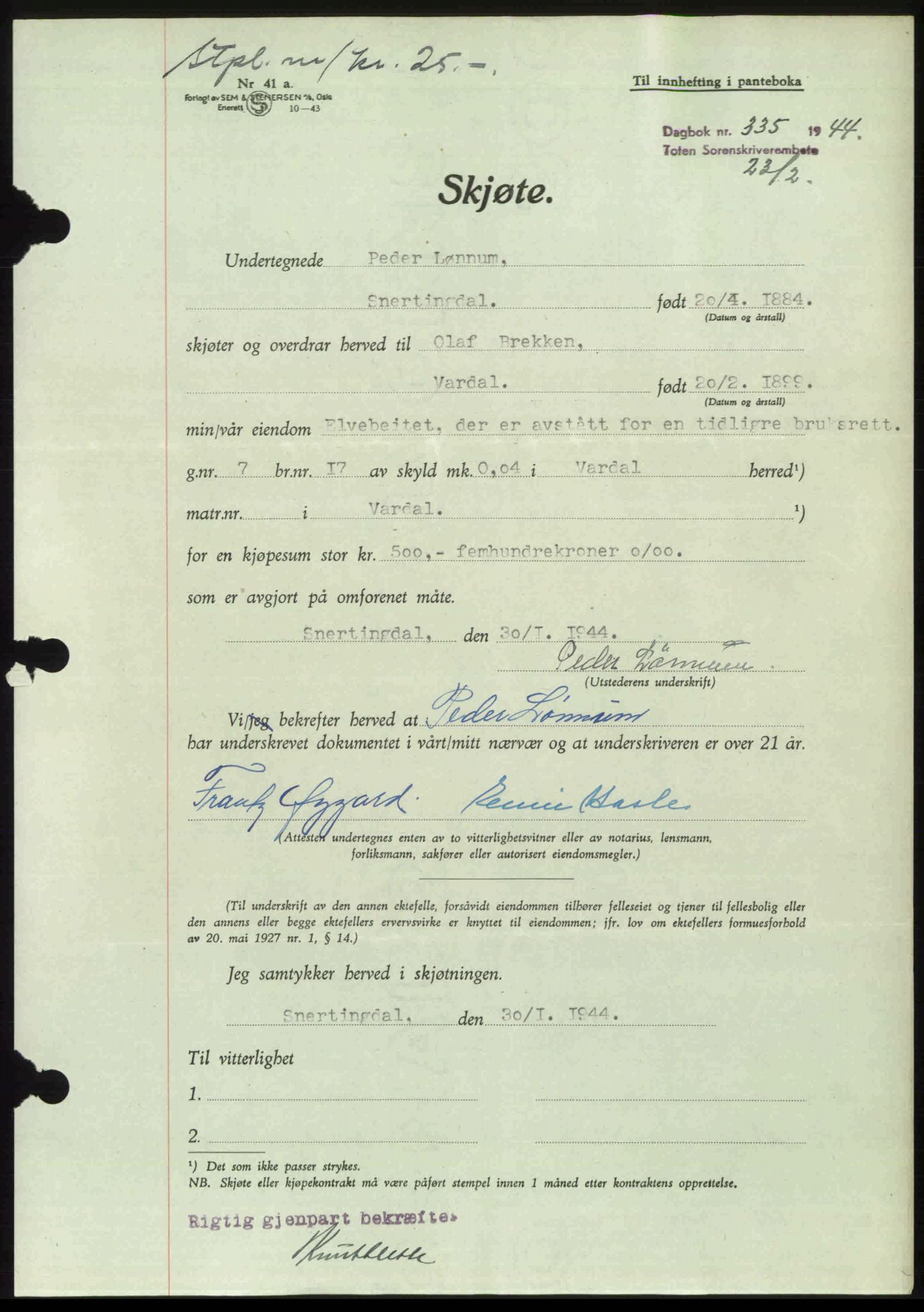 Toten tingrett, AV/SAH-TING-006/H/Hb/Hbc/L0011: Mortgage book no. Hbc-11, 1943-1944, Diary no: : 335/1944