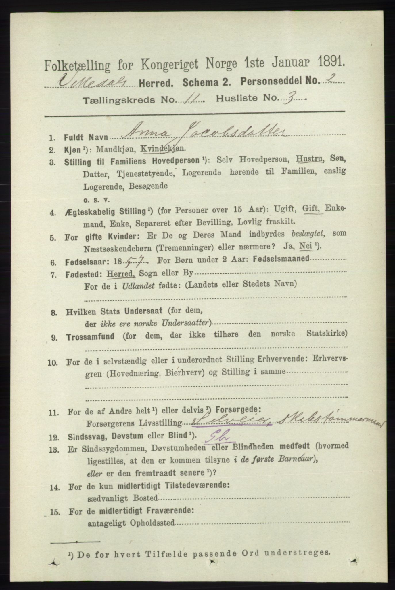 RA, 1891 census for 1157 Vikedal, 1891, p. 2906