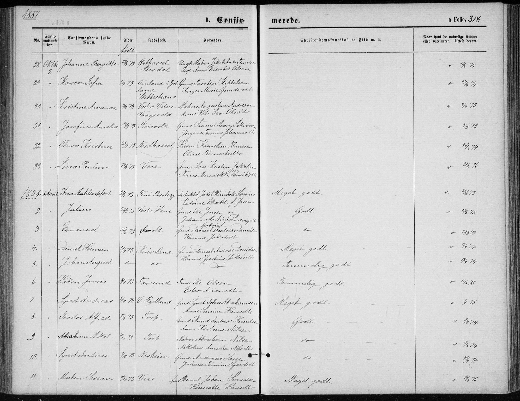 Lista sokneprestkontor, AV/SAK-1111-0027/F/Fb/L0004: Parish register (copy) no. B 4, 1877-1891, p. 314