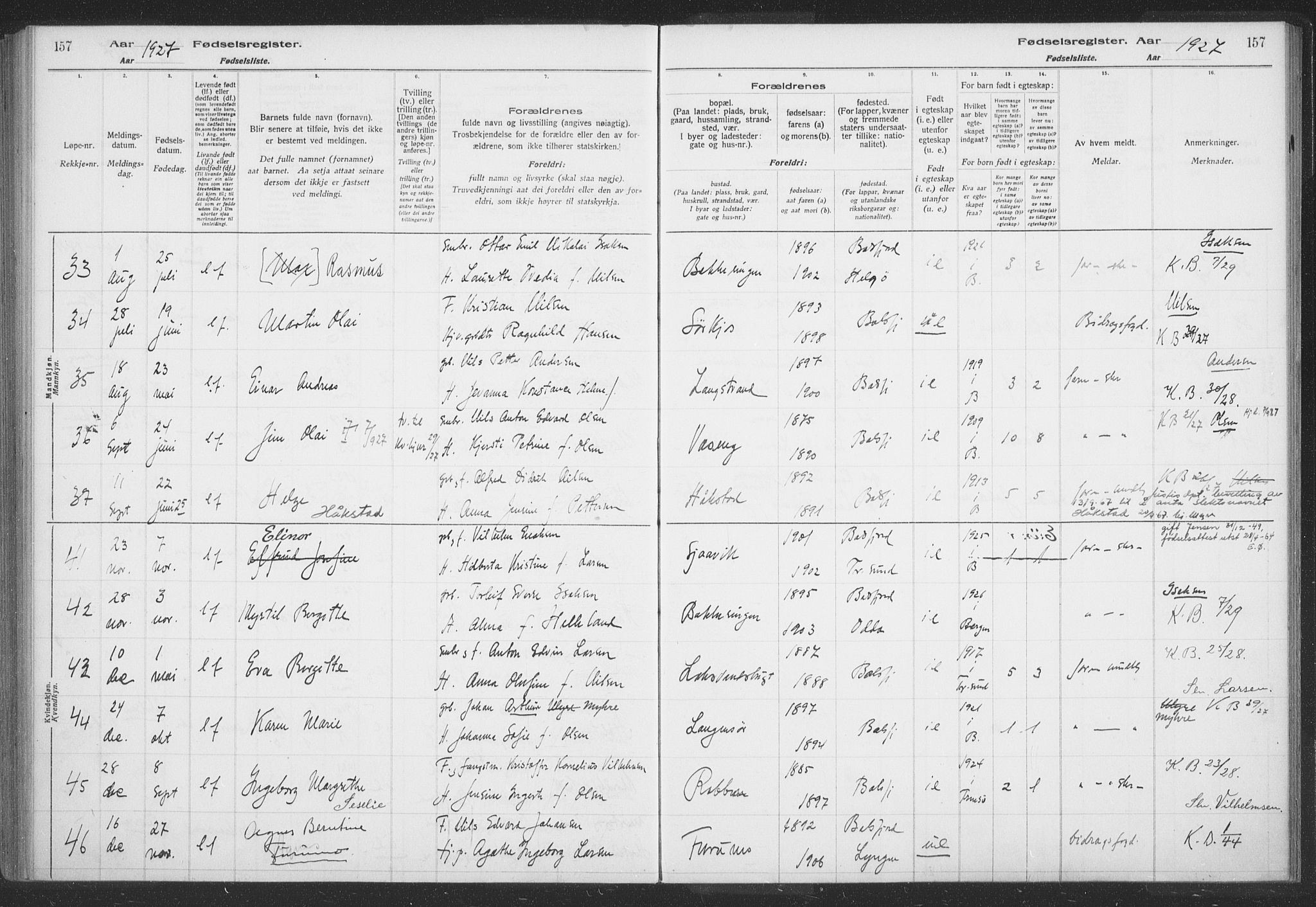 Balsfjord sokneprestembete, AV/SATØ-S-1303/H/Hb/L0059: Birth register no. 59, 1916-1930, p. 157