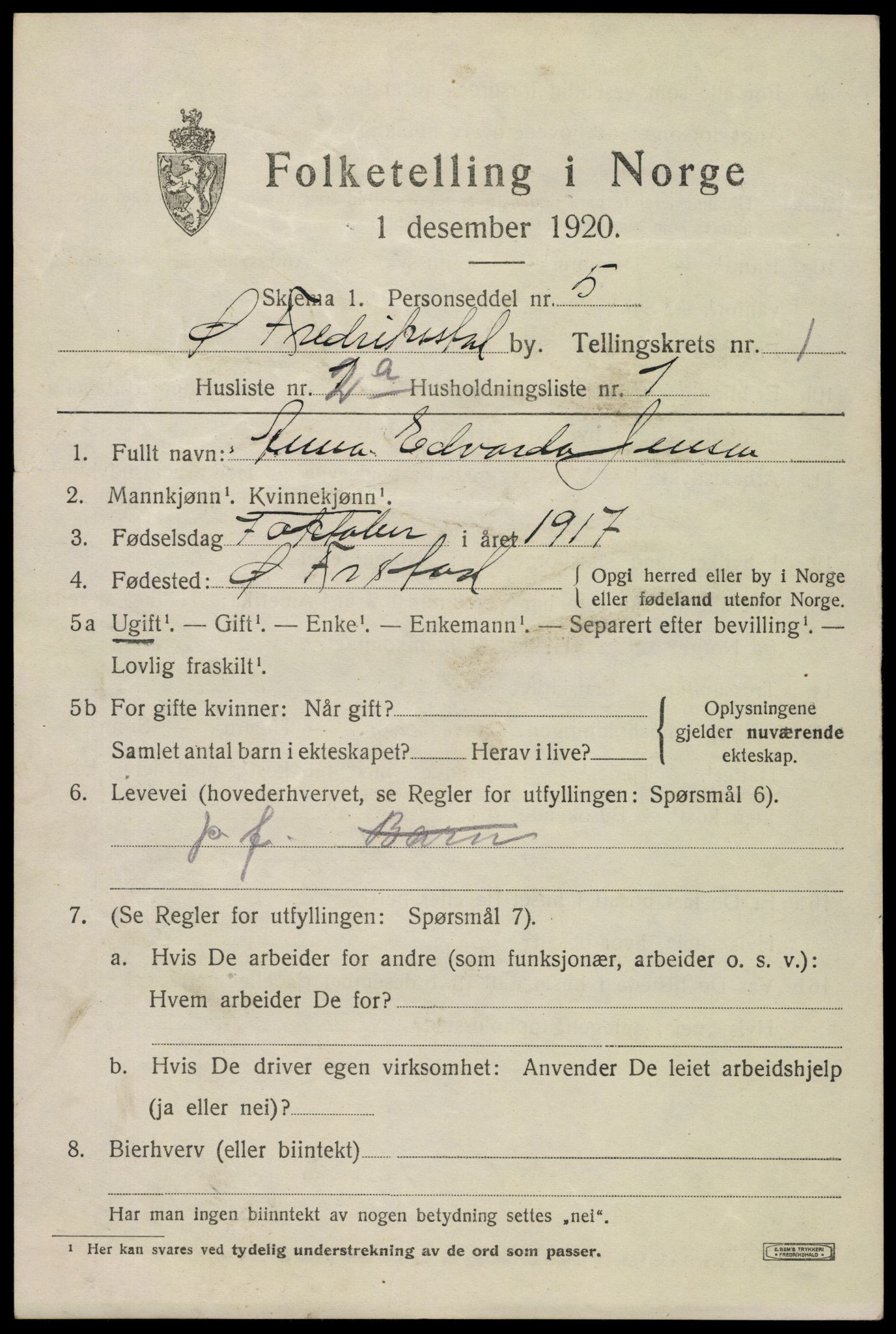 SAO, 1920 census for Fredrikstad, 1920, p. 11459