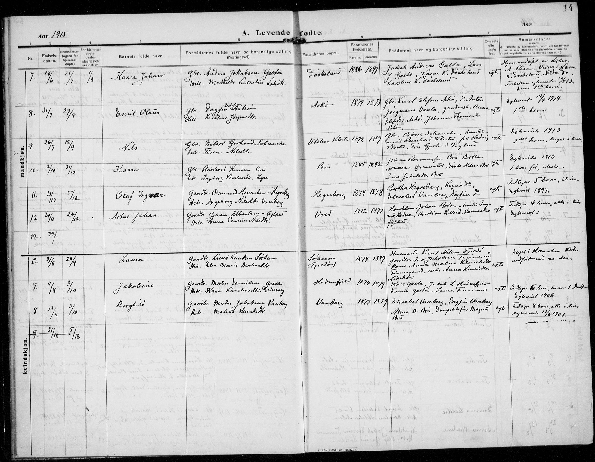 Rennesøy sokneprestkontor, SAST/A -101827/H/Ha/Haa/L0017: Parish register (official) no. A 17, 1908-1926, p. 14