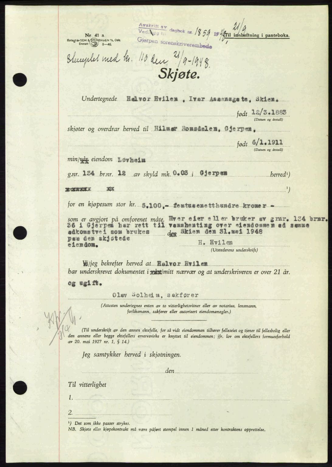 Gjerpen sorenskriveri, AV/SAKO-A-216/G/Ga/Gae/L0084: Mortgage book no. A-84, 1948-1949, Diary no: : 1859/1948