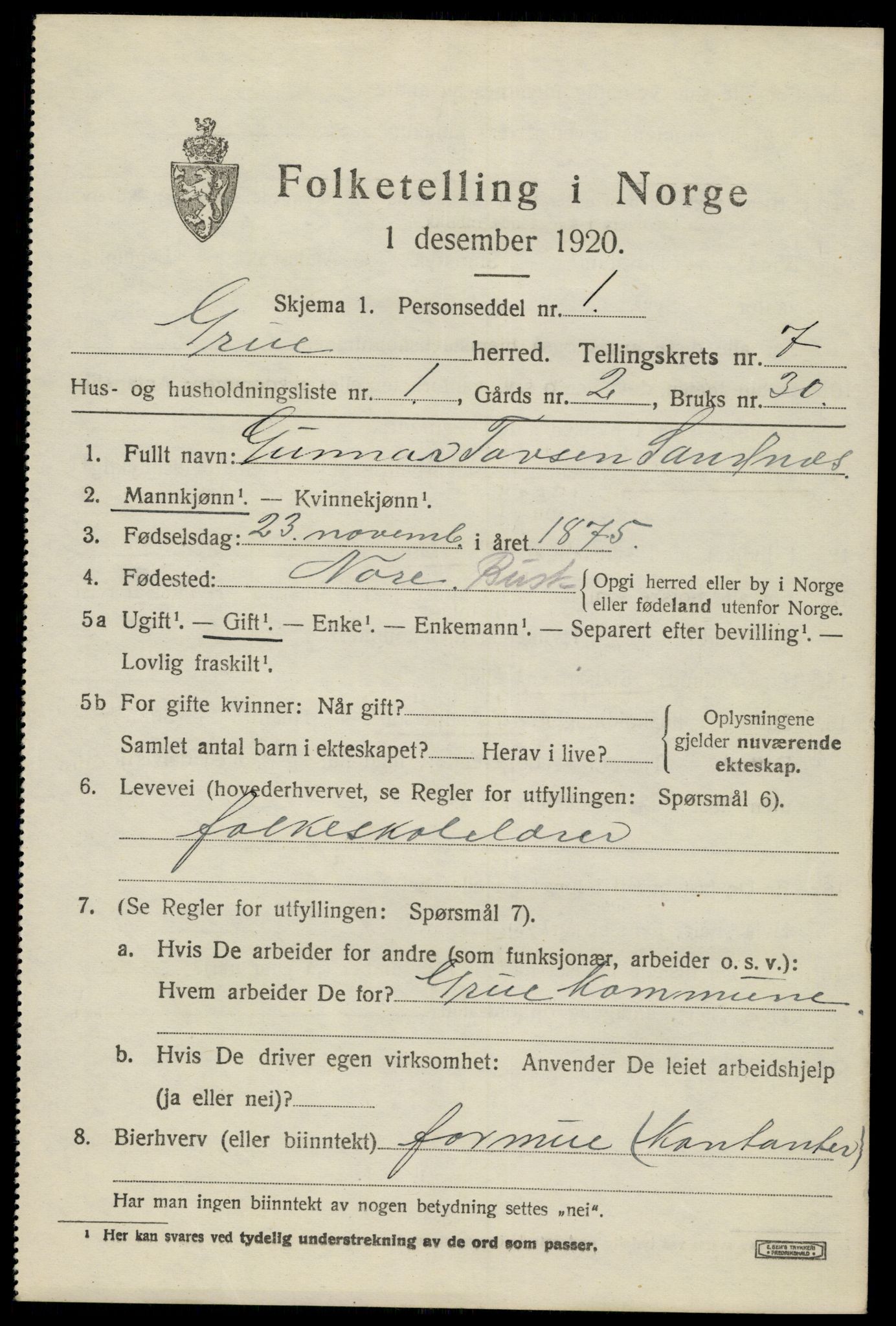 SAH, 1920 census for Grue, 1920, p. 6103