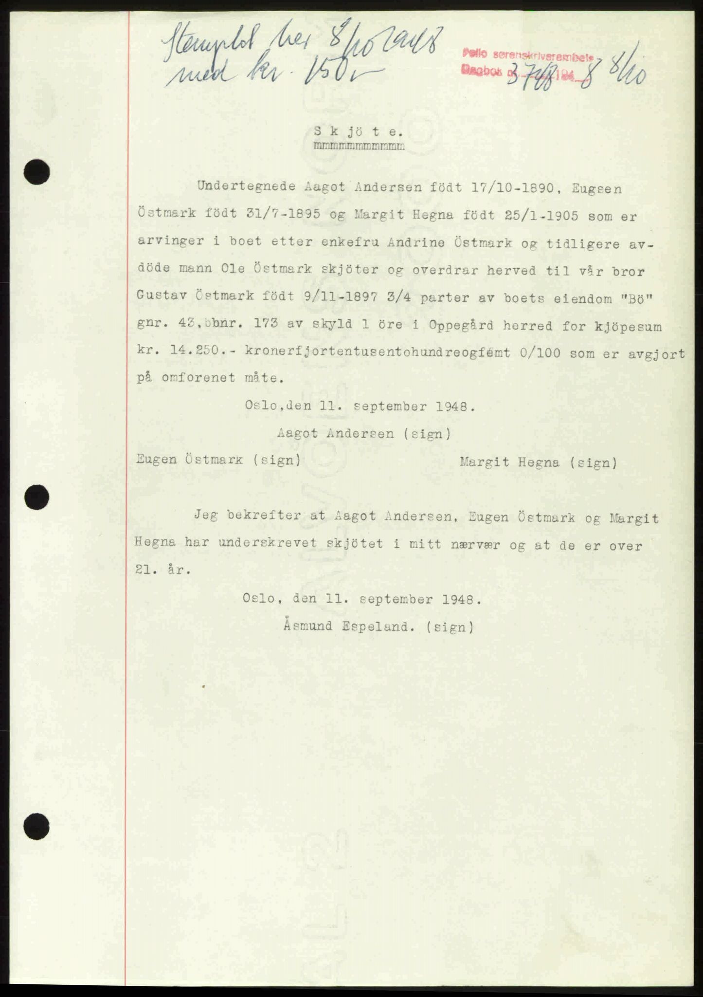 Follo sorenskriveri, SAO/A-10274/G/Ga/Gaa/L0085: Mortgage book no. I 85, 1948-1948, Diary no: : 3748/1948