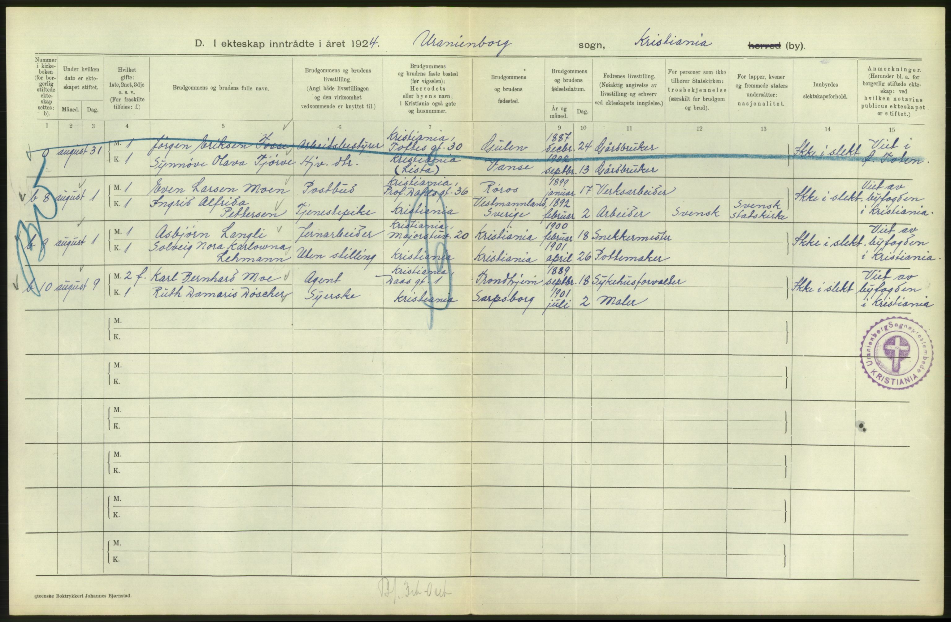 Statistisk sentralbyrå, Sosiodemografiske emner, Befolkning, AV/RA-S-2228/D/Df/Dfc/Dfcd/L0007: Kristiania: Gifte, 1924, p. 186