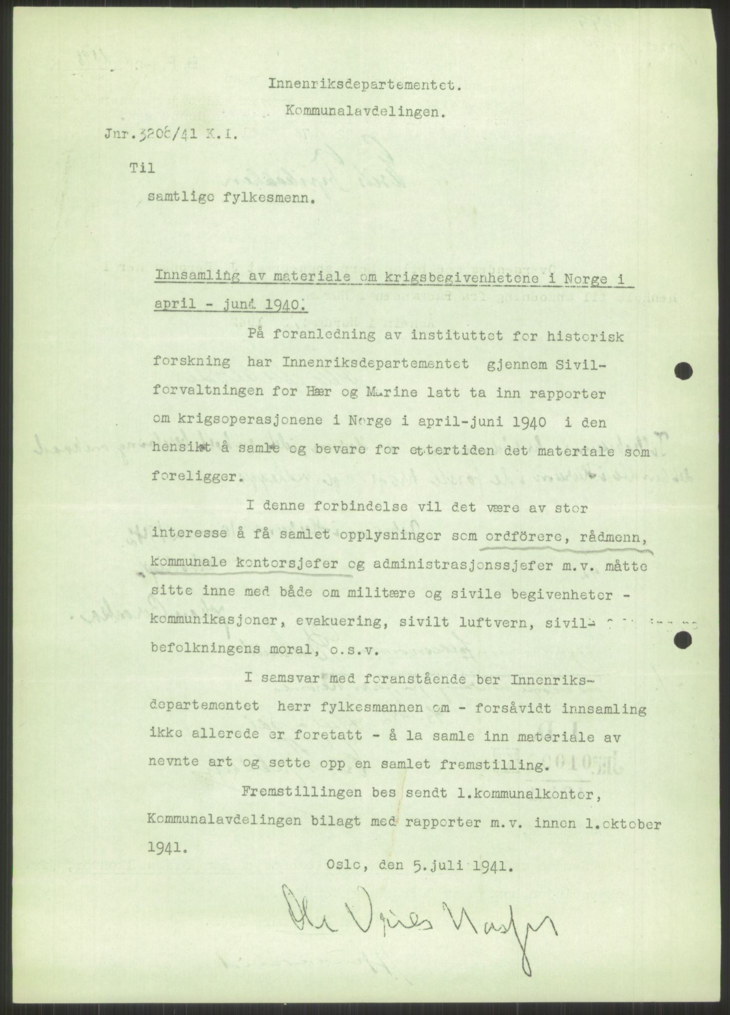 Forsvaret, Forsvarets krigshistoriske avdeling, AV/RA-RAFA-2017/Y/Ya/L0014: II-C-11-31 - Fylkesmenn.  Rapporter om krigsbegivenhetene 1940., 1940, p. 345