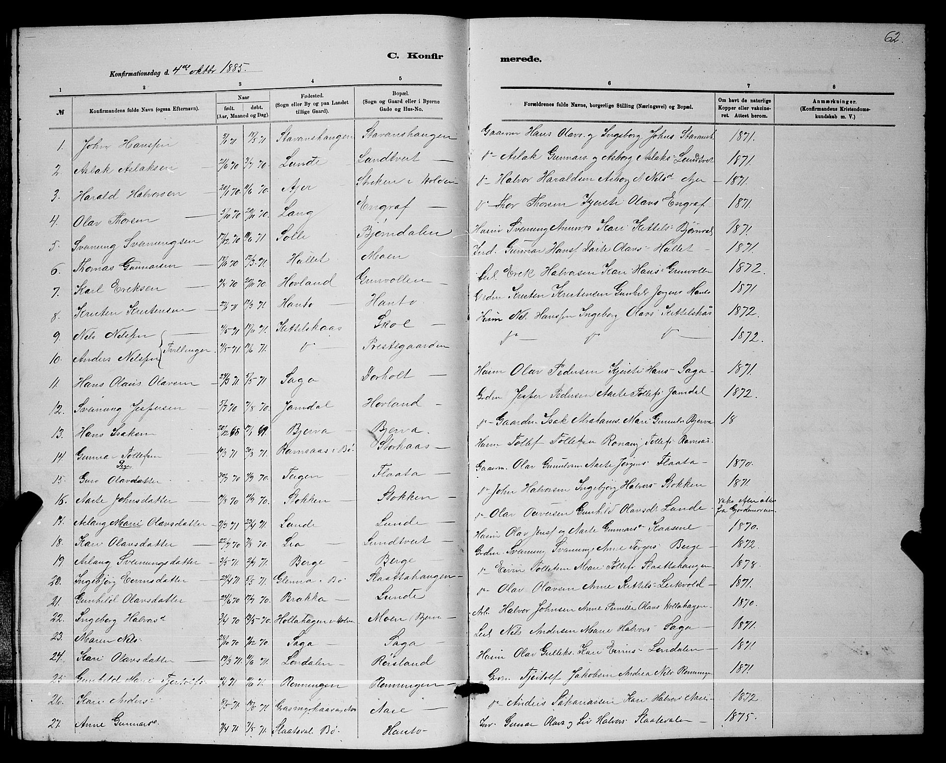 Lunde kirkebøker, SAKO/A-282/G/Ga/L0001b: Parish register (copy) no. I 1, 1879-1887, p. 62