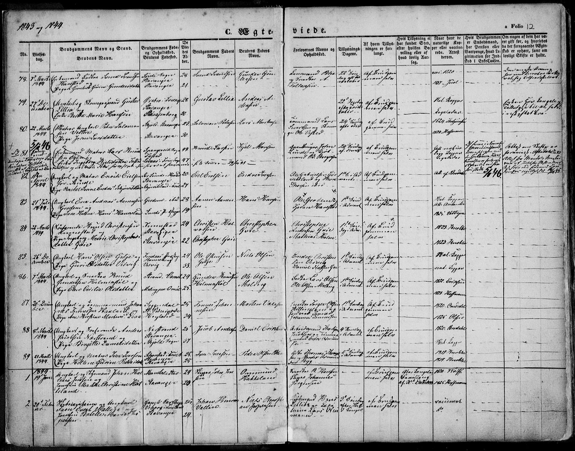 Domkirken sokneprestkontor, SAST/A-101812/001/30/30BA/L0015: Parish register (official) no. A 14, 1842-1857, p. 12