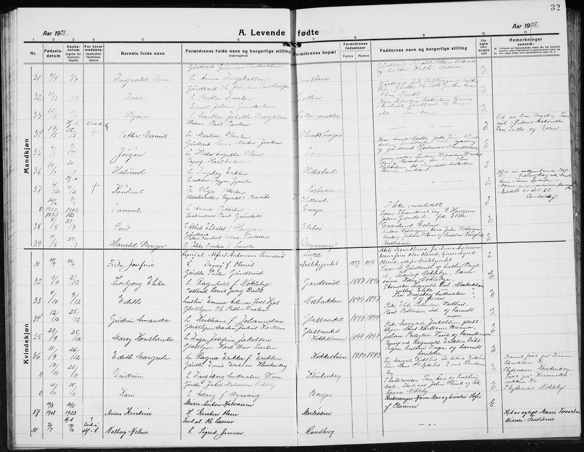 Jevnaker prestekontor, AV/SAH-PREST-116/H/Ha/Hab/L0005: Parish register (copy) no. 5, 1919-1934, p. 32