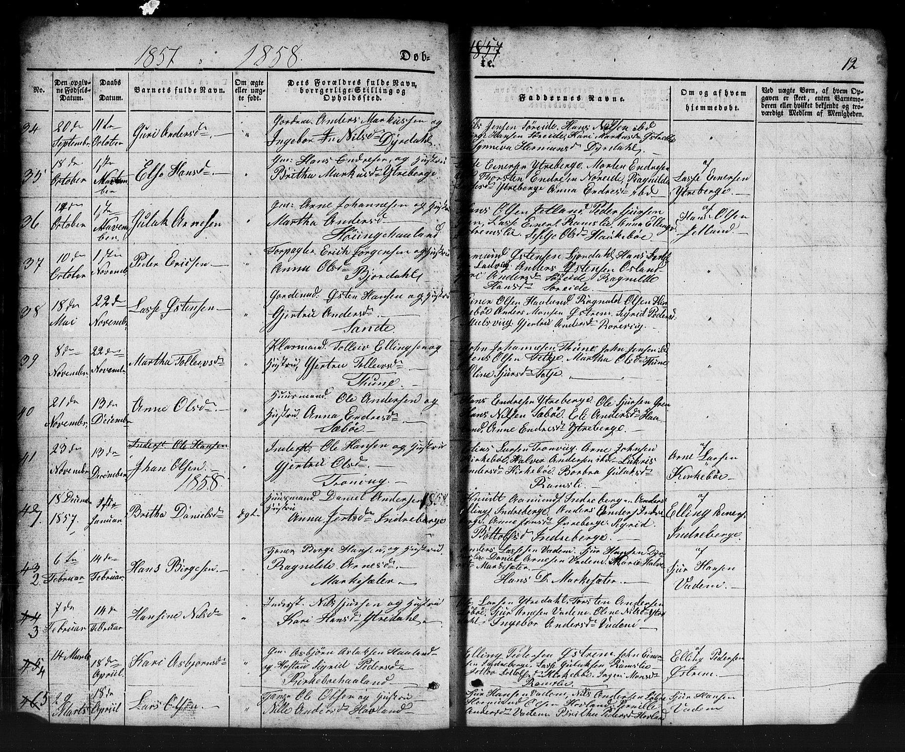 Lavik sokneprestembete, AV/SAB-A-80901: Parish register (copy) no. B 1, 1854-1881, p. 12