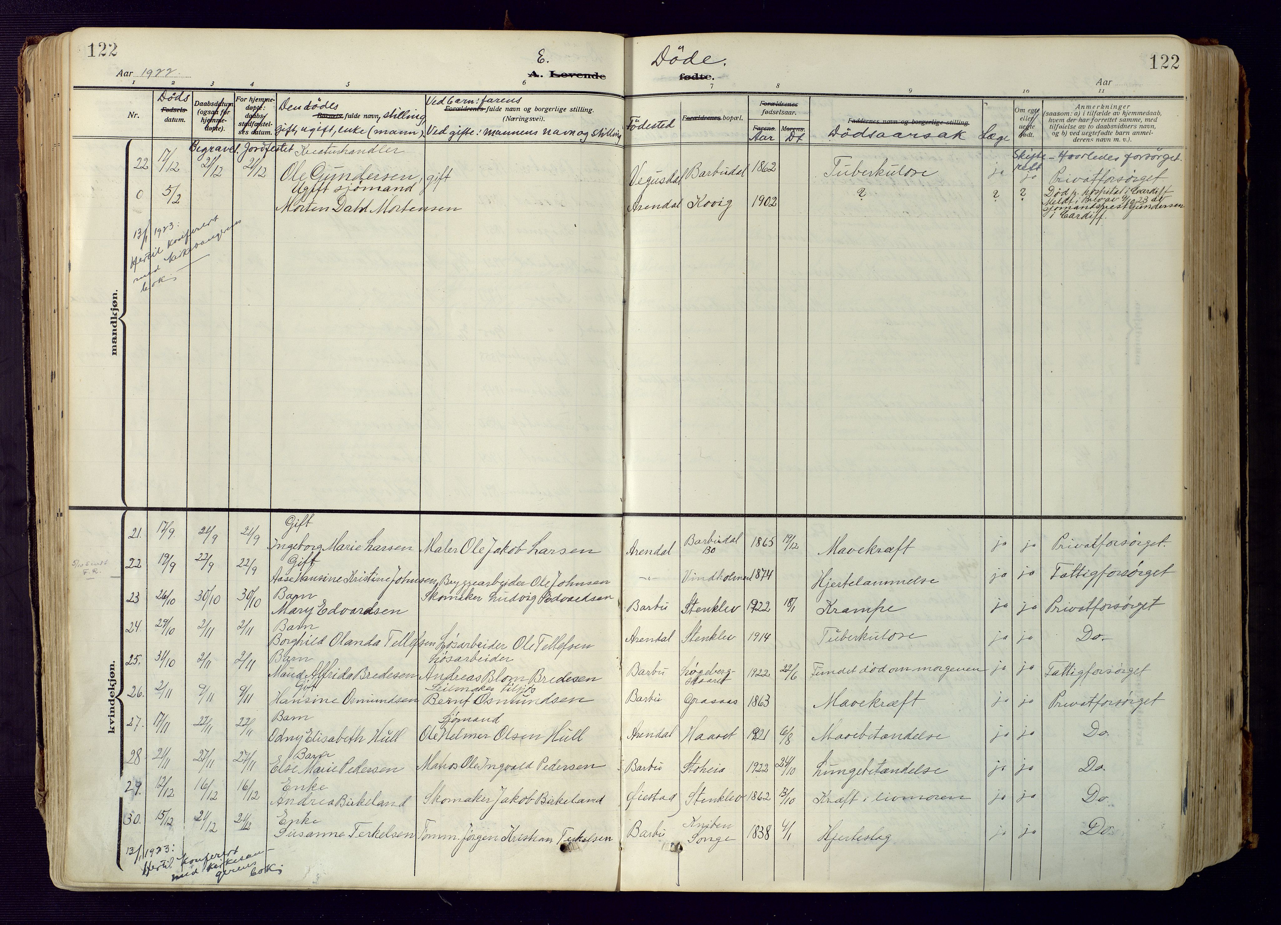 Barbu sokneprestkontor, AV/SAK-1111-0003/F/Fa/L0006: Parish register (official) no. A 6, 1910-1929, p. 122