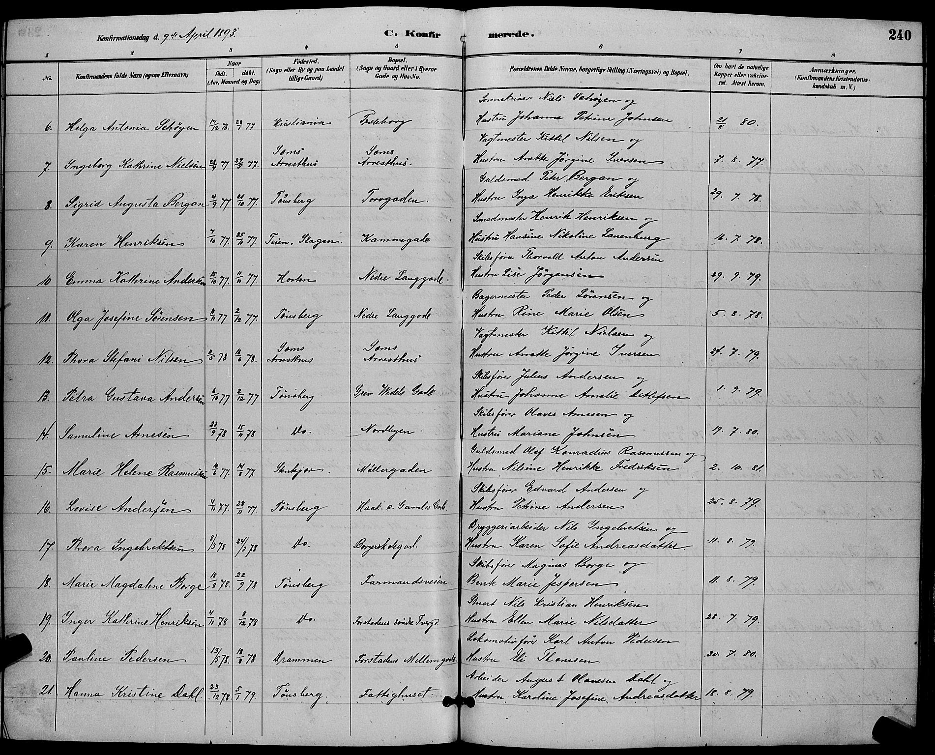 Tønsberg kirkebøker, AV/SAKO-A-330/G/Ga/L0006: Parish register (copy) no. 6, 1885-1895, p. 240