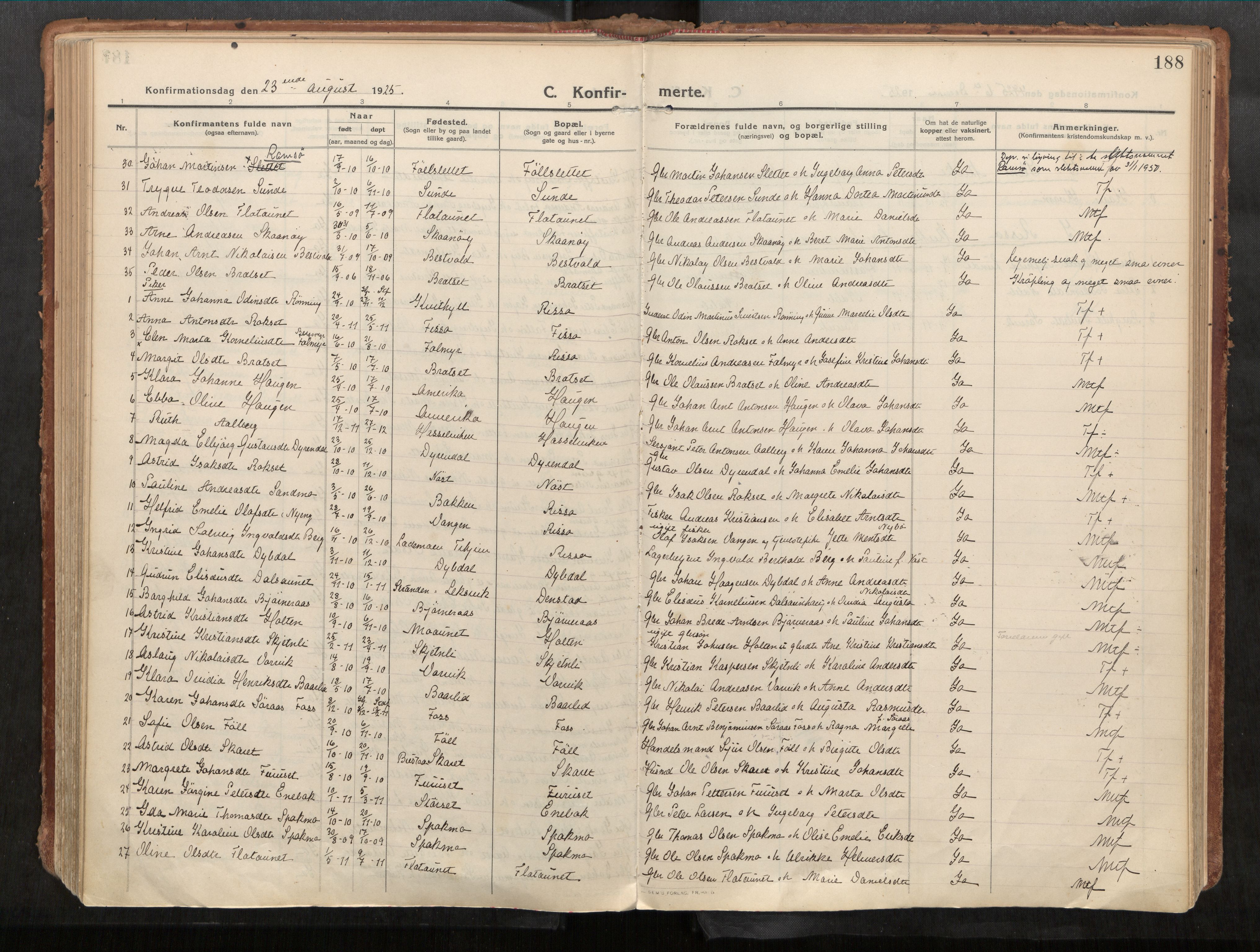 Stadsbygd sokneprestkontor, AV/SAT-A-1117/1/I/I1/I1a/L0001: Parish register (official) no. 1, 1911-1929, p. 188