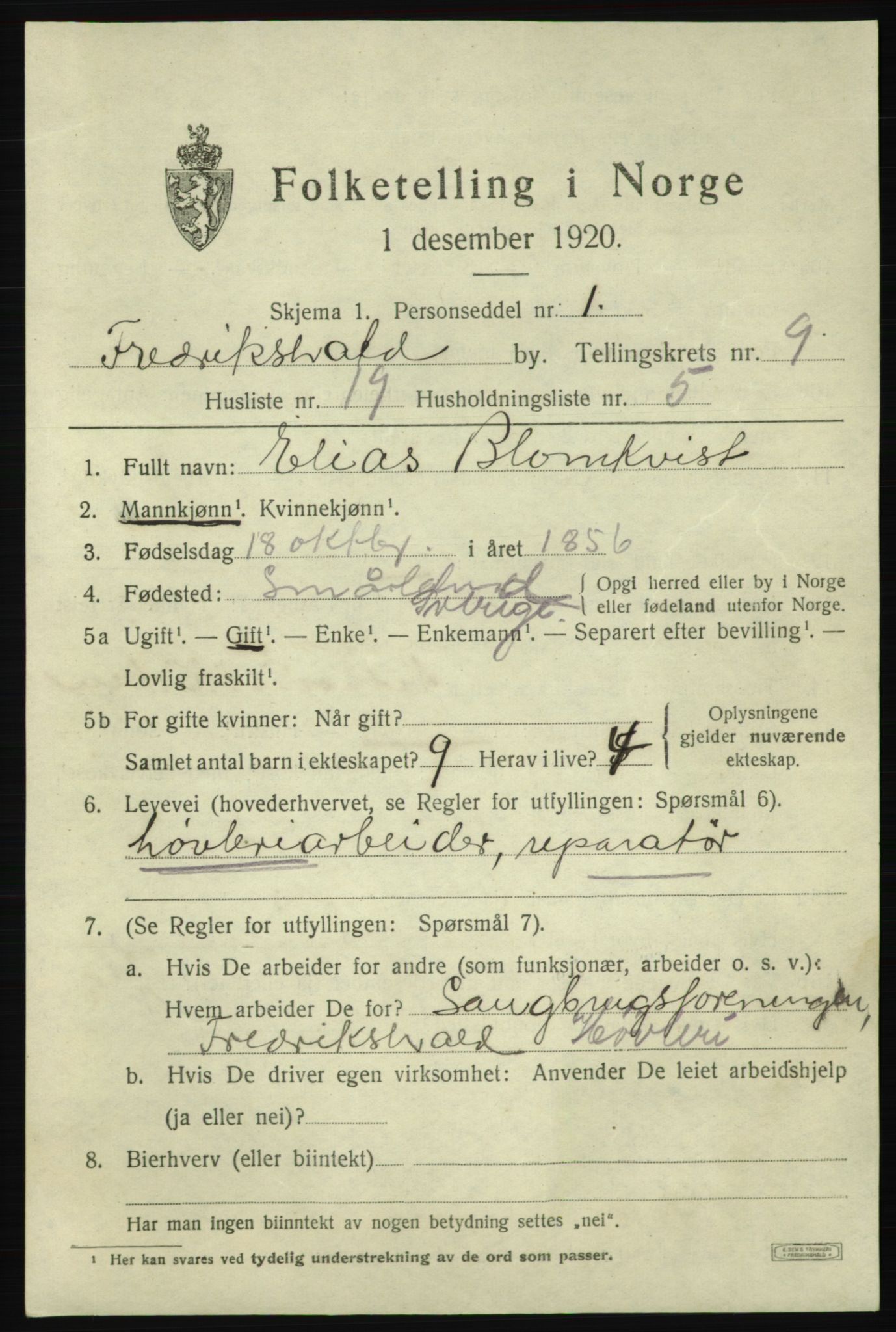 SAO, 1920 census for Fredrikshald, 1920, p. 16198