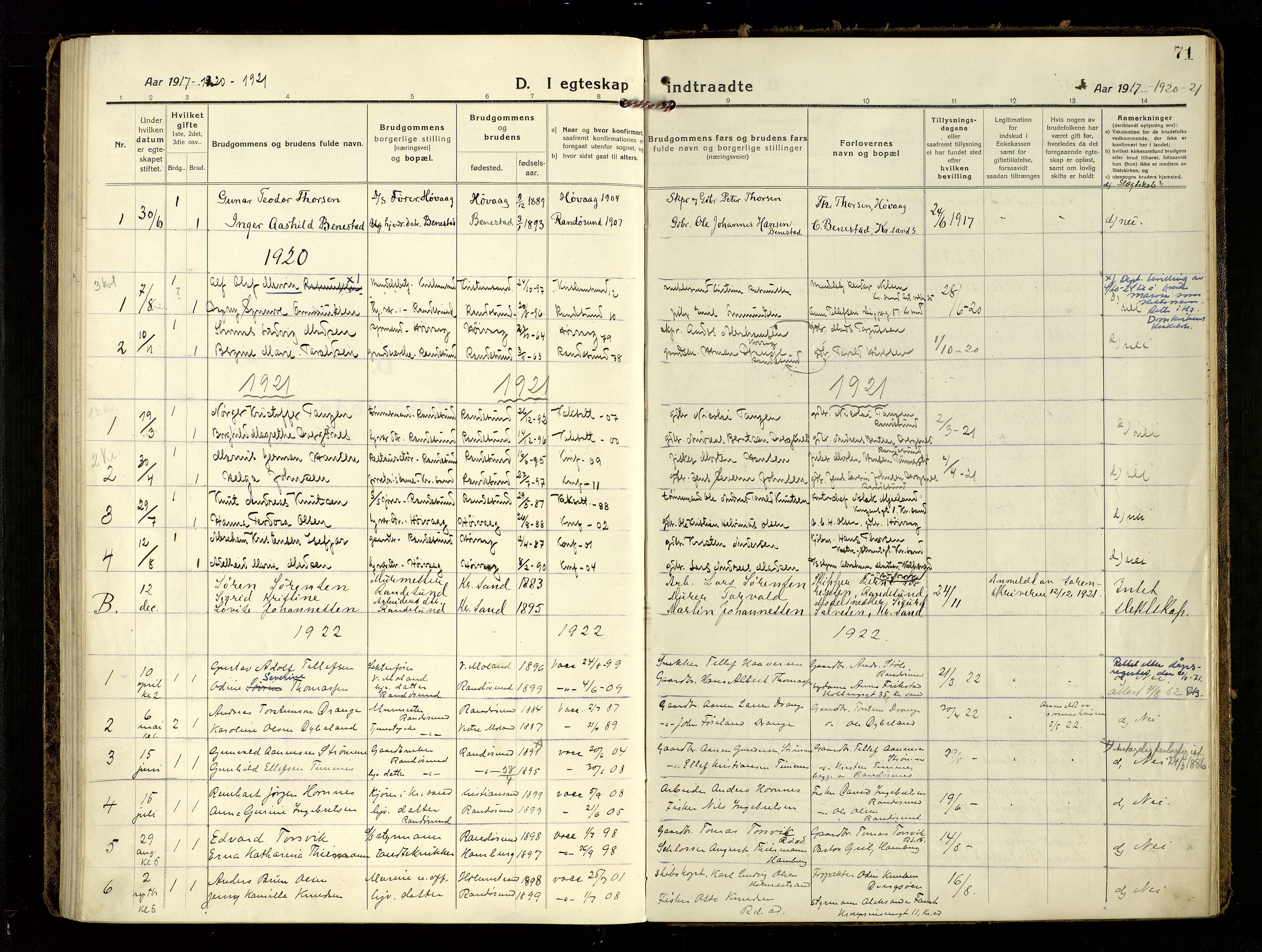 Oddernes sokneprestkontor, SAK/1111-0033/F/Fa/Fab/L0004: Parish register (official) no. A 4, 1916-1935, p. 71