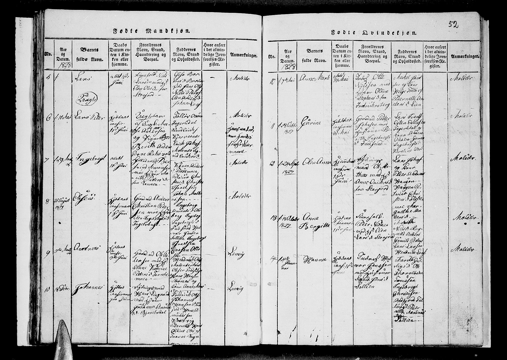 Lenvik sokneprestembete, AV/SATØ-S-1310/H/Ha/Hab/L0001klokker: Parish register (copy) no. 1, 1822-1837, p. 52