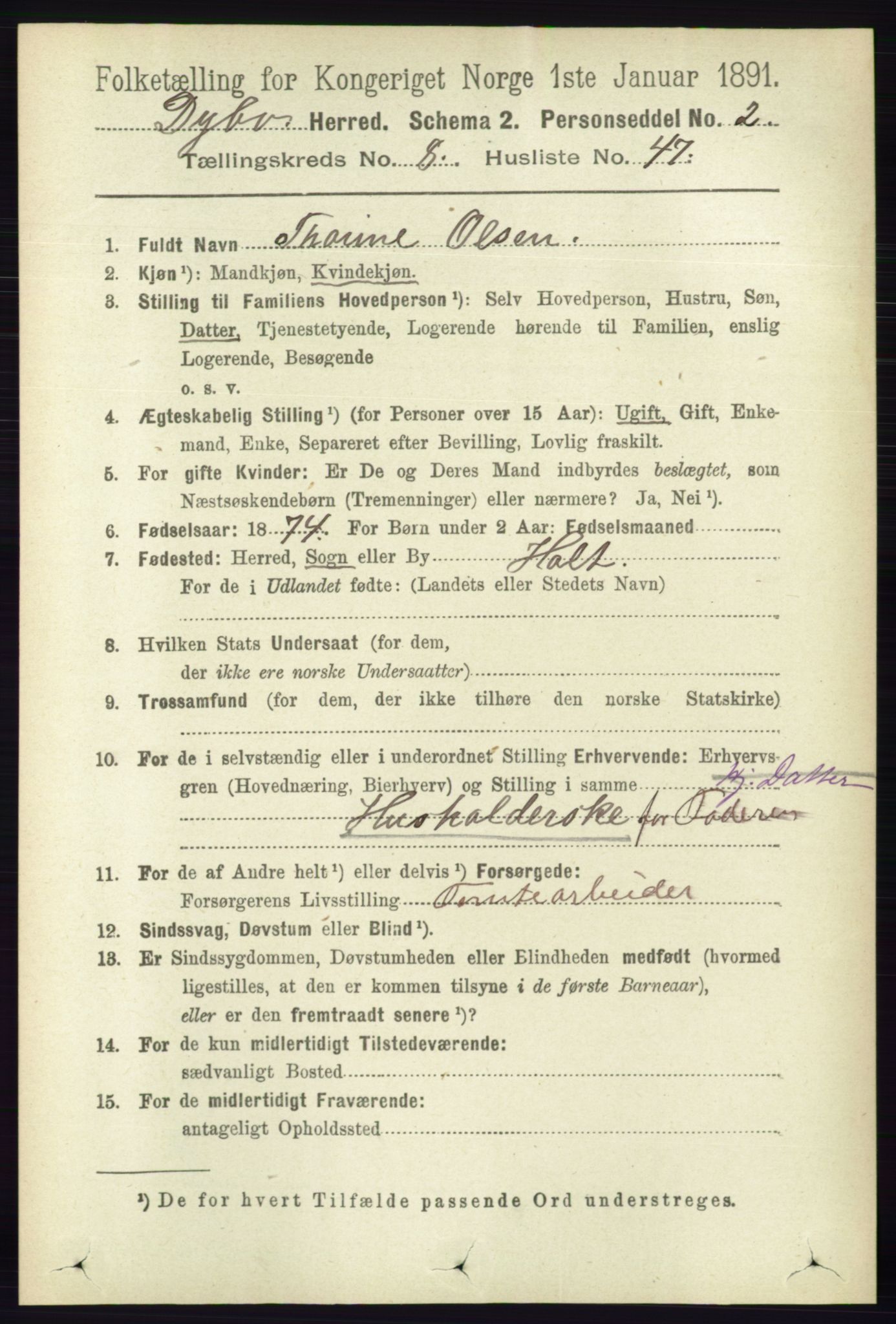 RA, 1891 census for 0915 Dypvåg, 1891, p. 3013