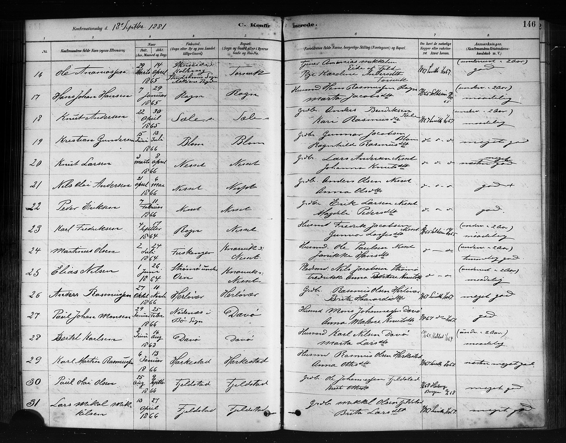 Herdla Sokneprestembete, AV/SAB-A-75701/H/Haa: Parish register (official) no. A 3, 1878-1890, p. 146