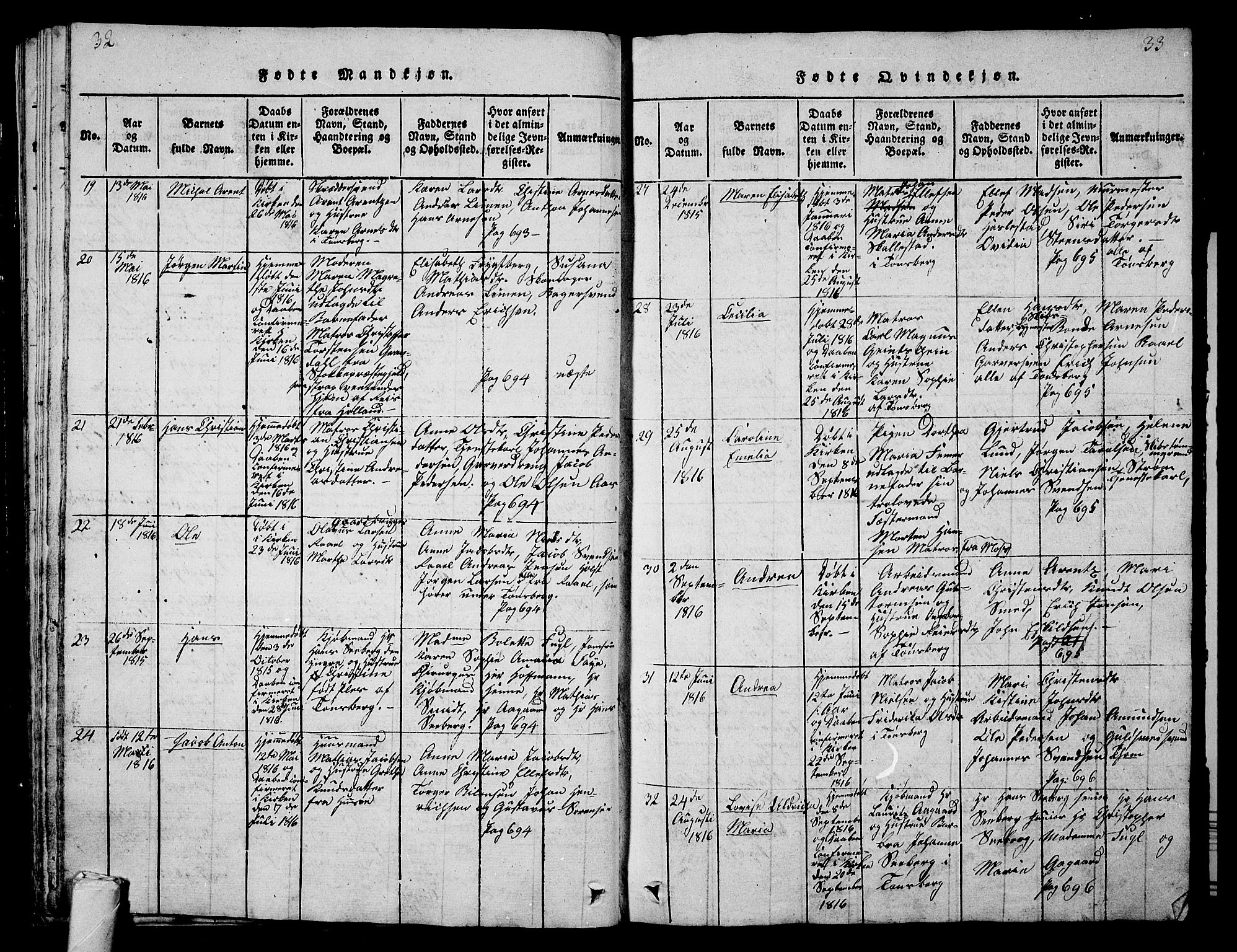 Tønsberg kirkebøker, AV/SAKO-A-330/G/Ga/L0001: Parish register (copy) no. 1, 1813-1826, p. 32-33