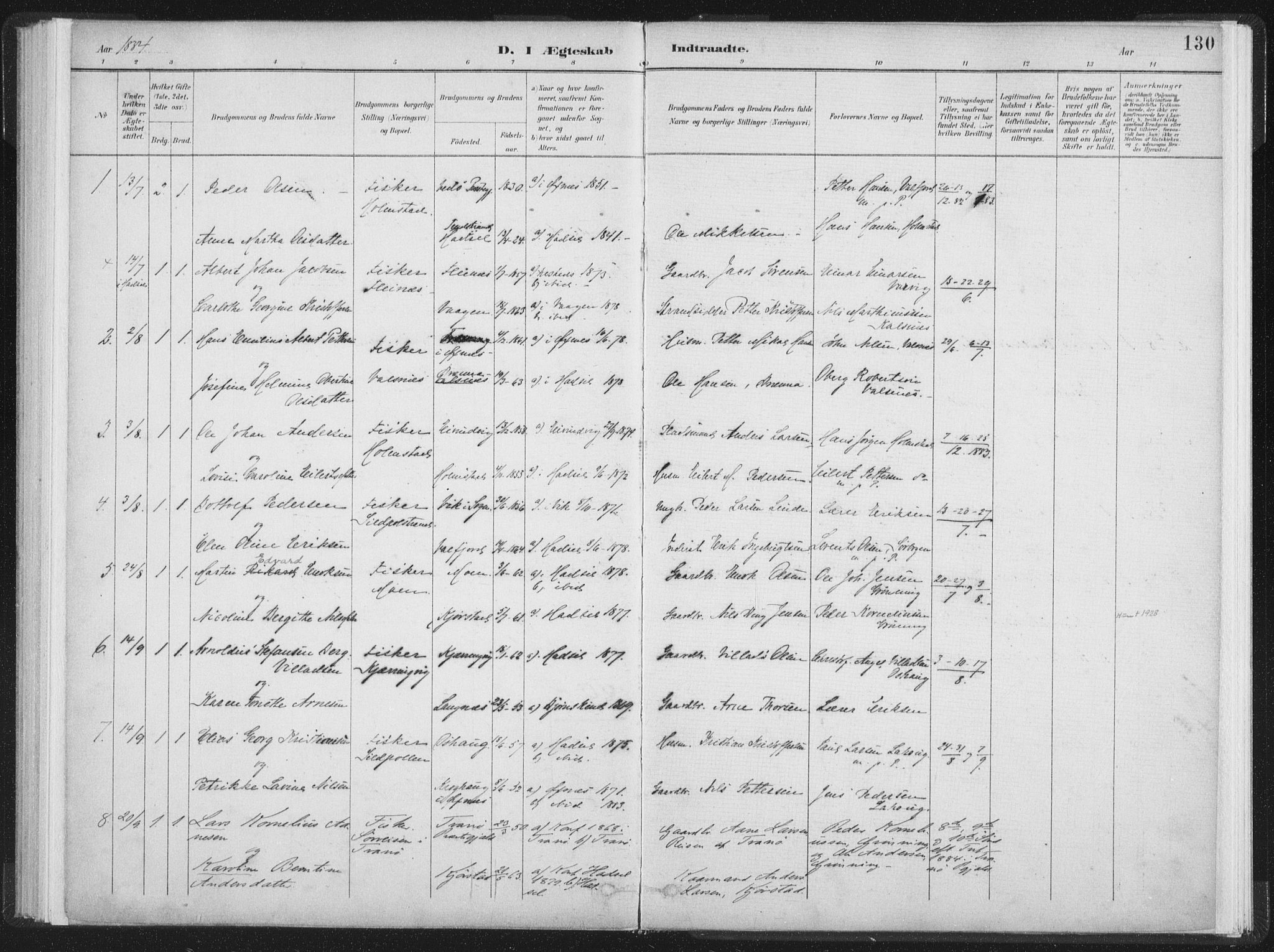 Ministerialprotokoller, klokkerbøker og fødselsregistre - Nordland, AV/SAT-A-1459/890/L1286: Parish register (official) no. 890A01, 1882-1902, p. 130