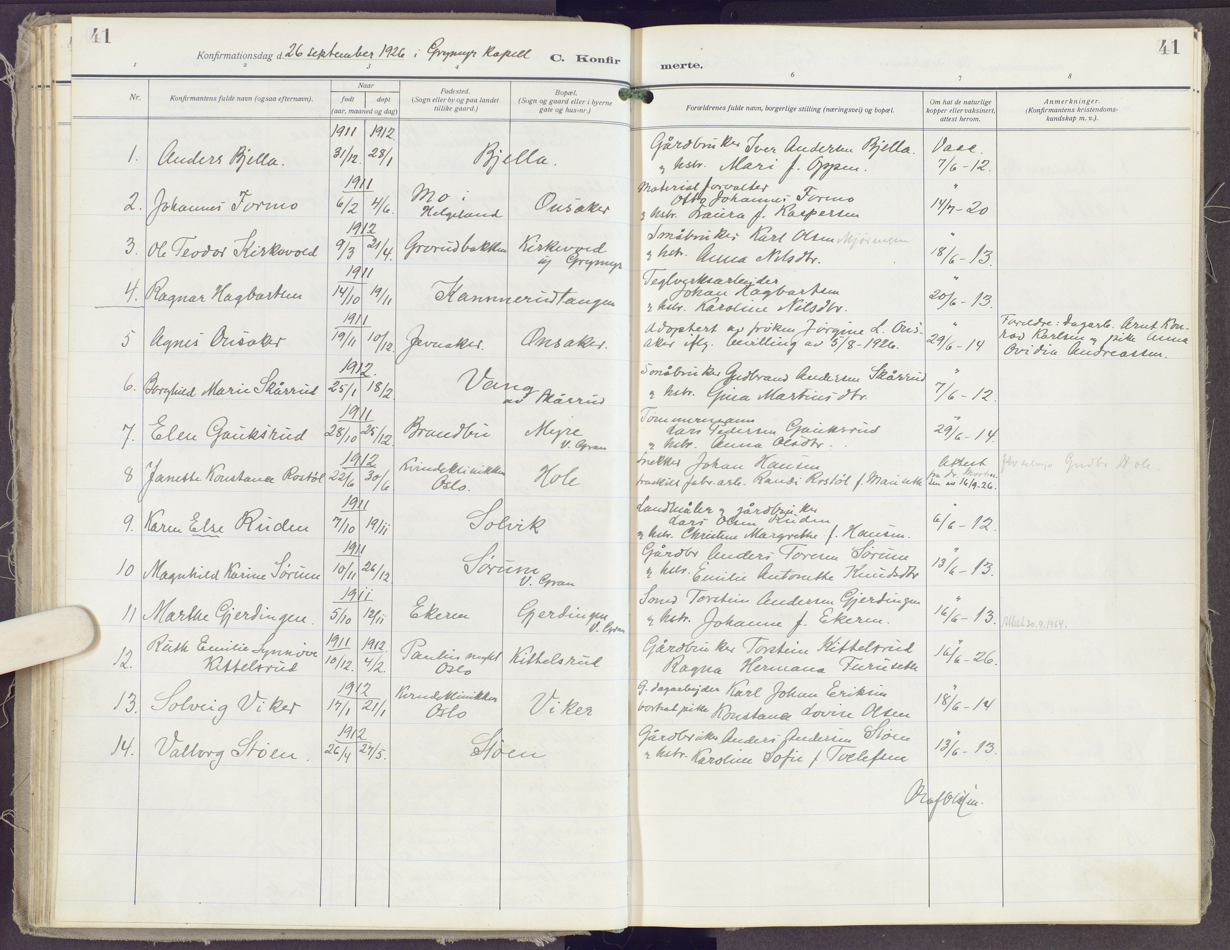 Gran prestekontor, SAH/PREST-112/H/Ha/Haa/L0023: Parish register (official) no. 23, 1919-1938, p. 41