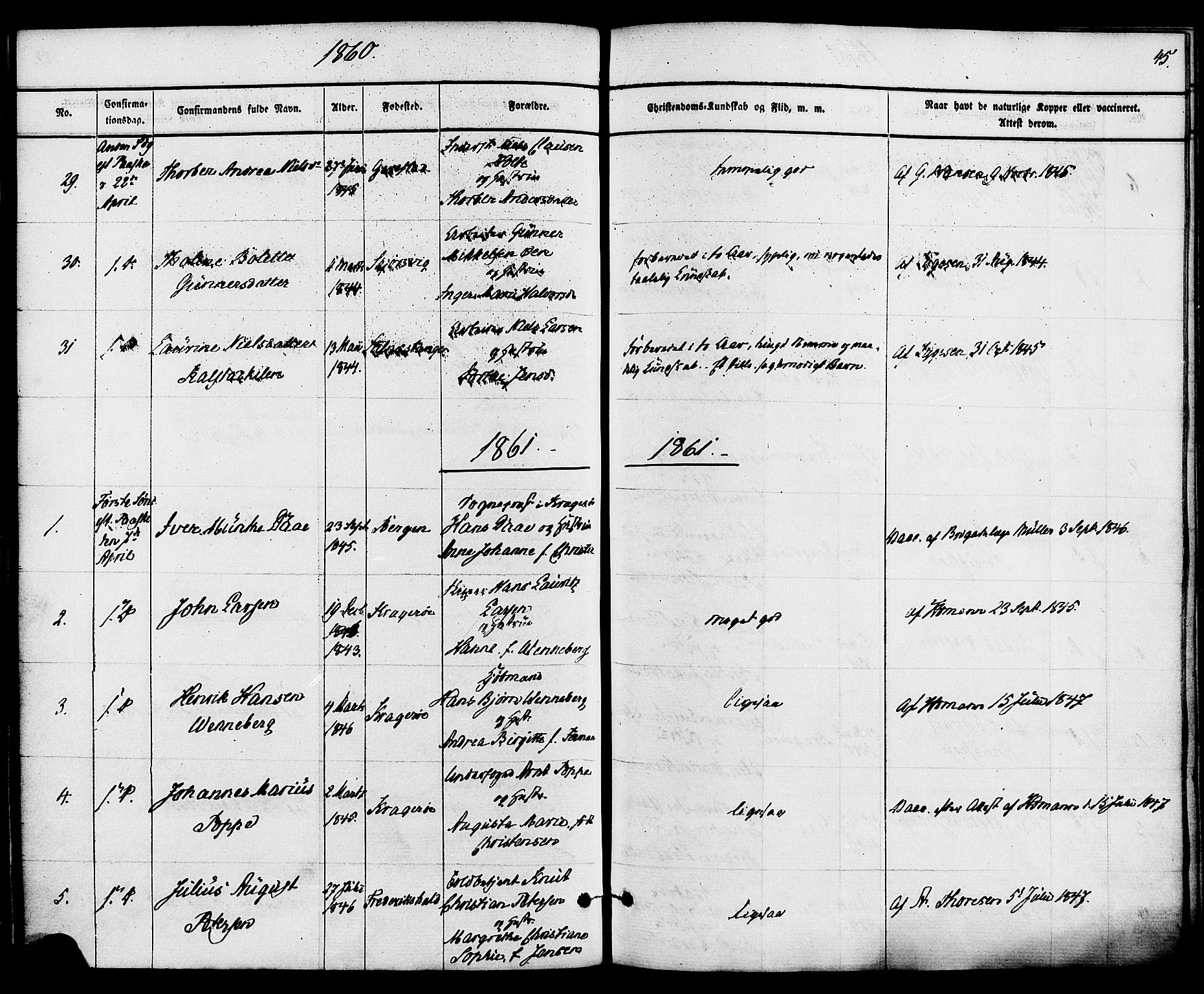 Kragerø kirkebøker, SAKO/A-278/F/Fa/L0008: Parish register (official) no. 8, 1856-1880, p. 45