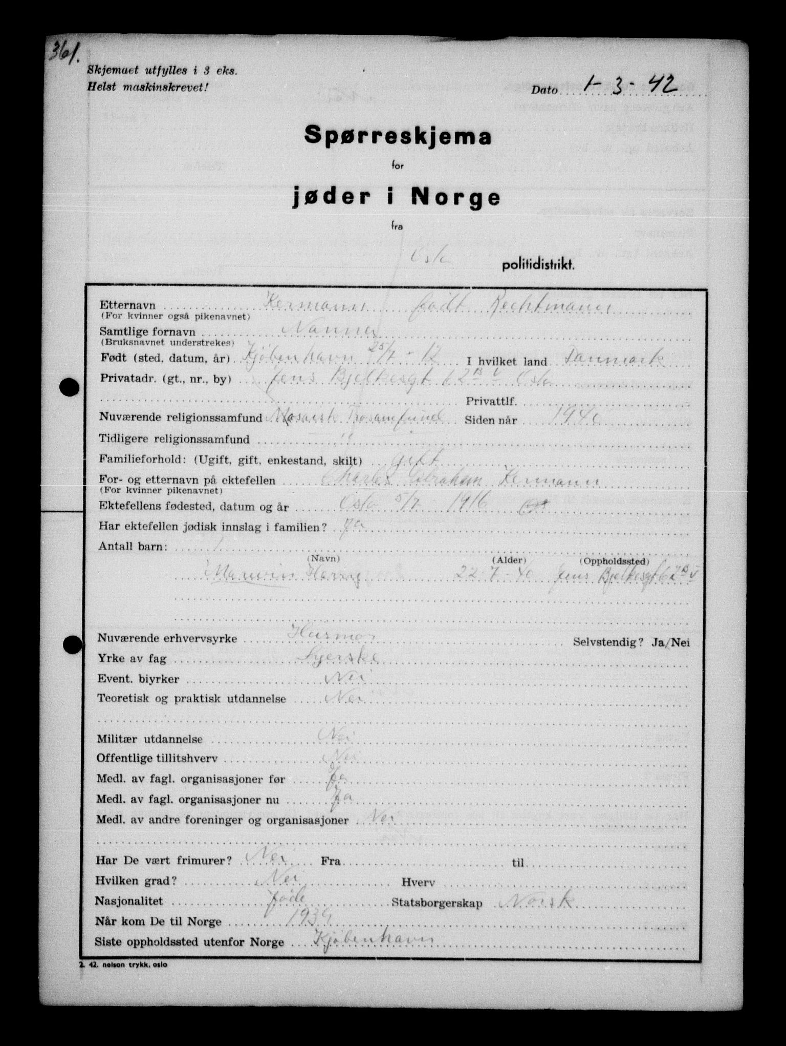 Statspolitiet - Hovedkontoret / Osloavdelingen, AV/RA-S-1329/G/Ga/L0010: Spørreskjema for jøder i Norge, Oslo Hansen-Pintzow, 1942, p. 300