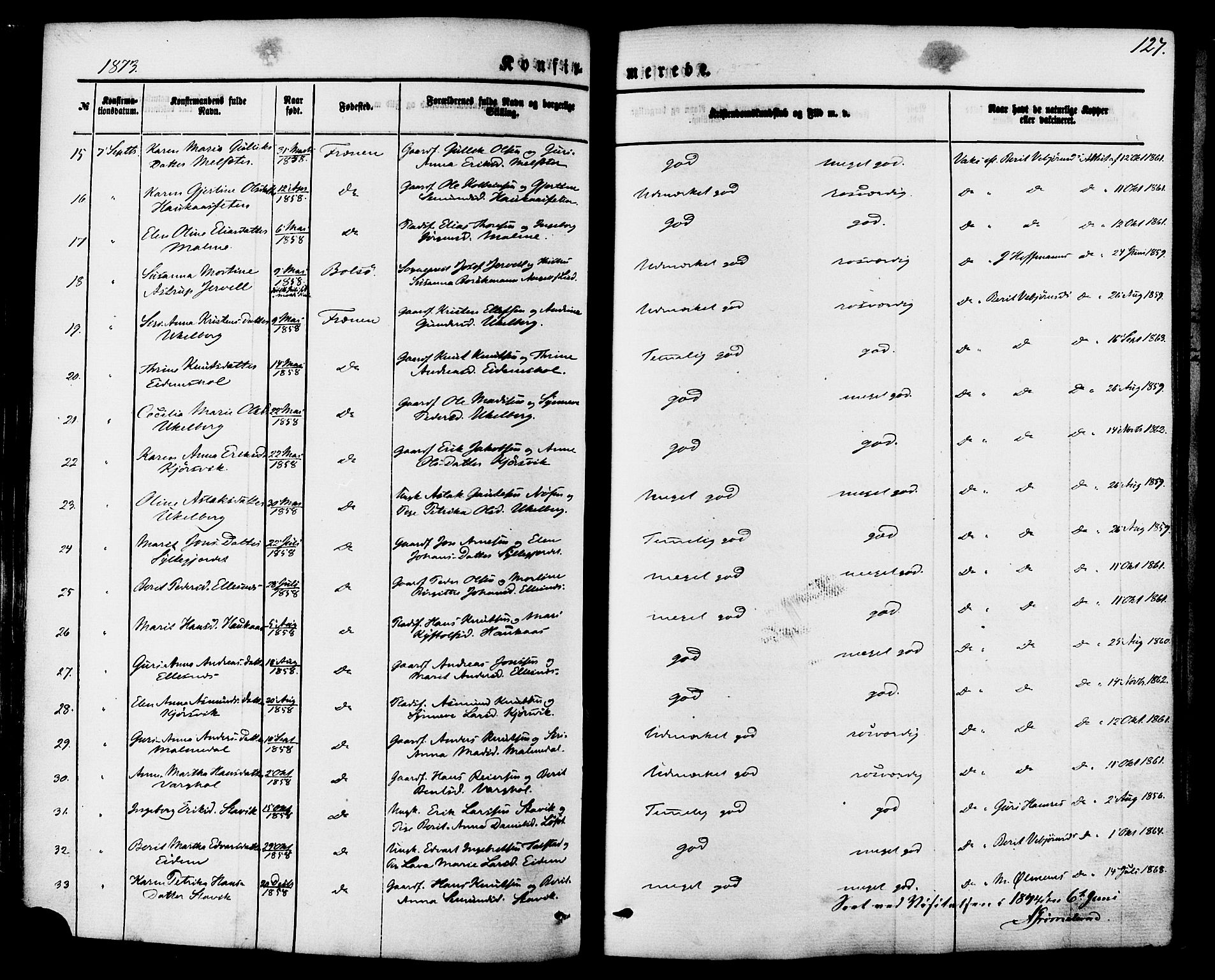 Ministerialprotokoller, klokkerbøker og fødselsregistre - Møre og Romsdal, SAT/A-1454/565/L0749: Parish register (official) no. 565A03, 1871-1886, p. 127