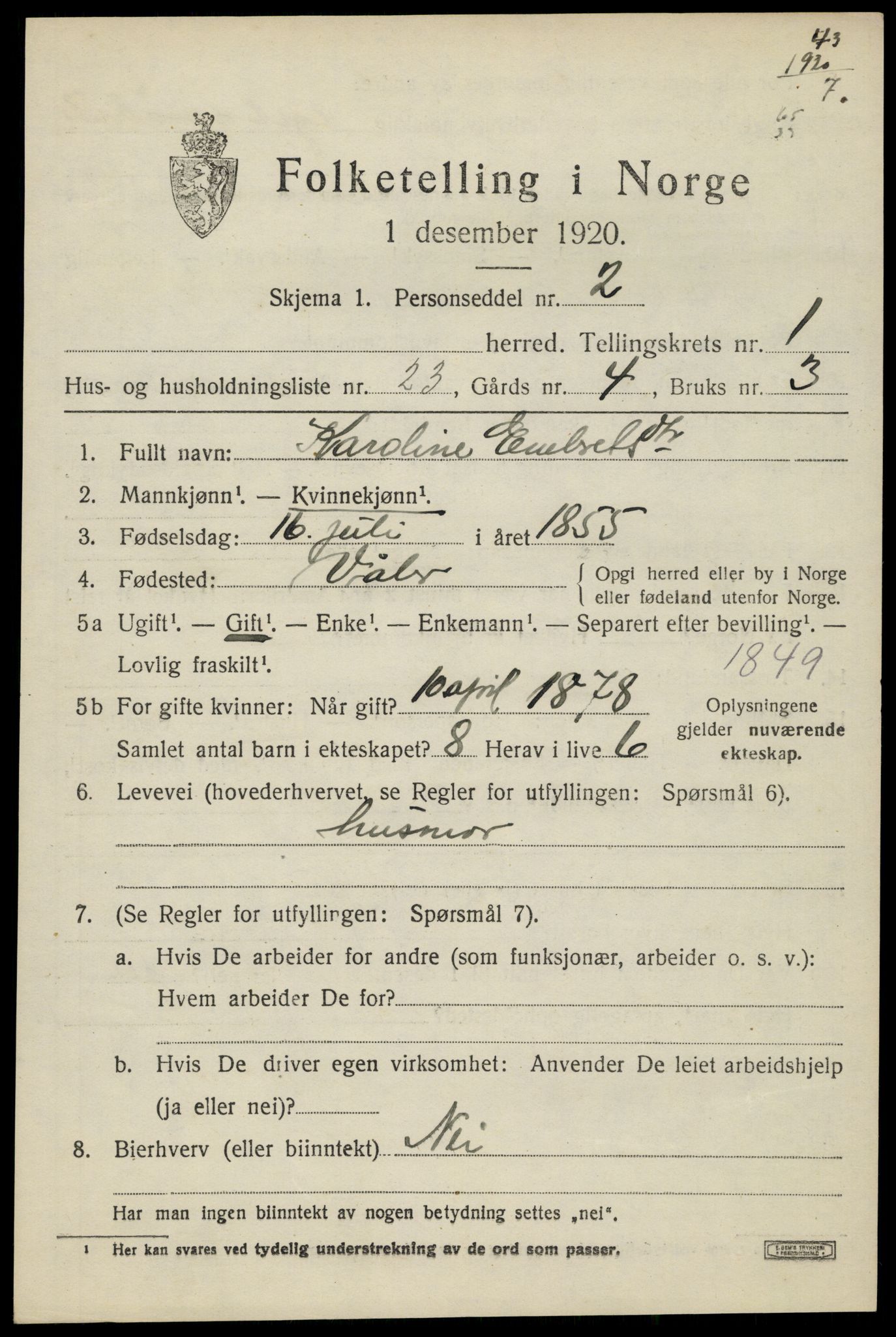 SAH, 1920 census for Våler (Hedmark), 1920, p. 1859