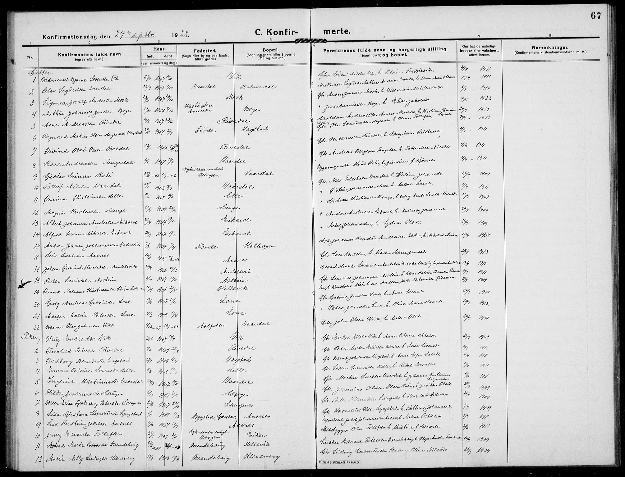 Fjaler sokneprestembete, AV/SAB-A-79801/H/Hab/Habb/L0003: Parish register (copy) no. B 3, 1913-1940, p. 67