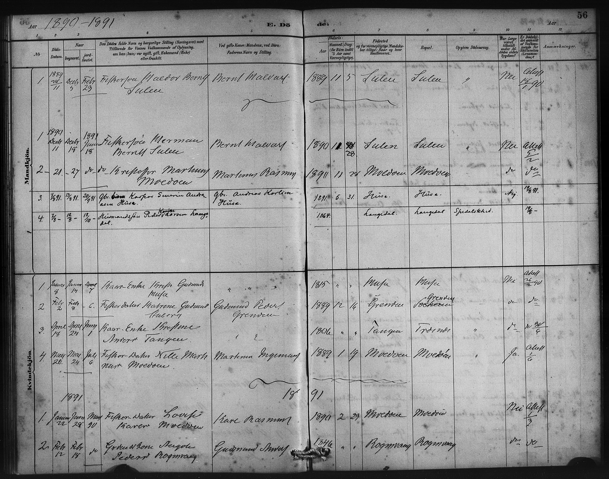 Lindås Sokneprestembete, SAB/A-76701/H/Haa: Parish register (official) no. D 1, 1886-1896, p. 56