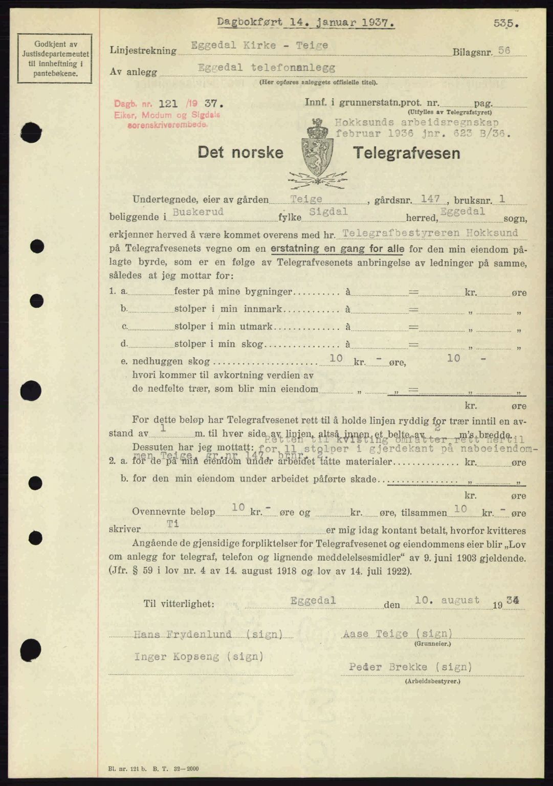 Eiker, Modum og Sigdal sorenskriveri, SAKO/A-123/G/Ga/Gab/L0034: Mortgage book no. A4, 1936-1937, Diary no: : 121/1937