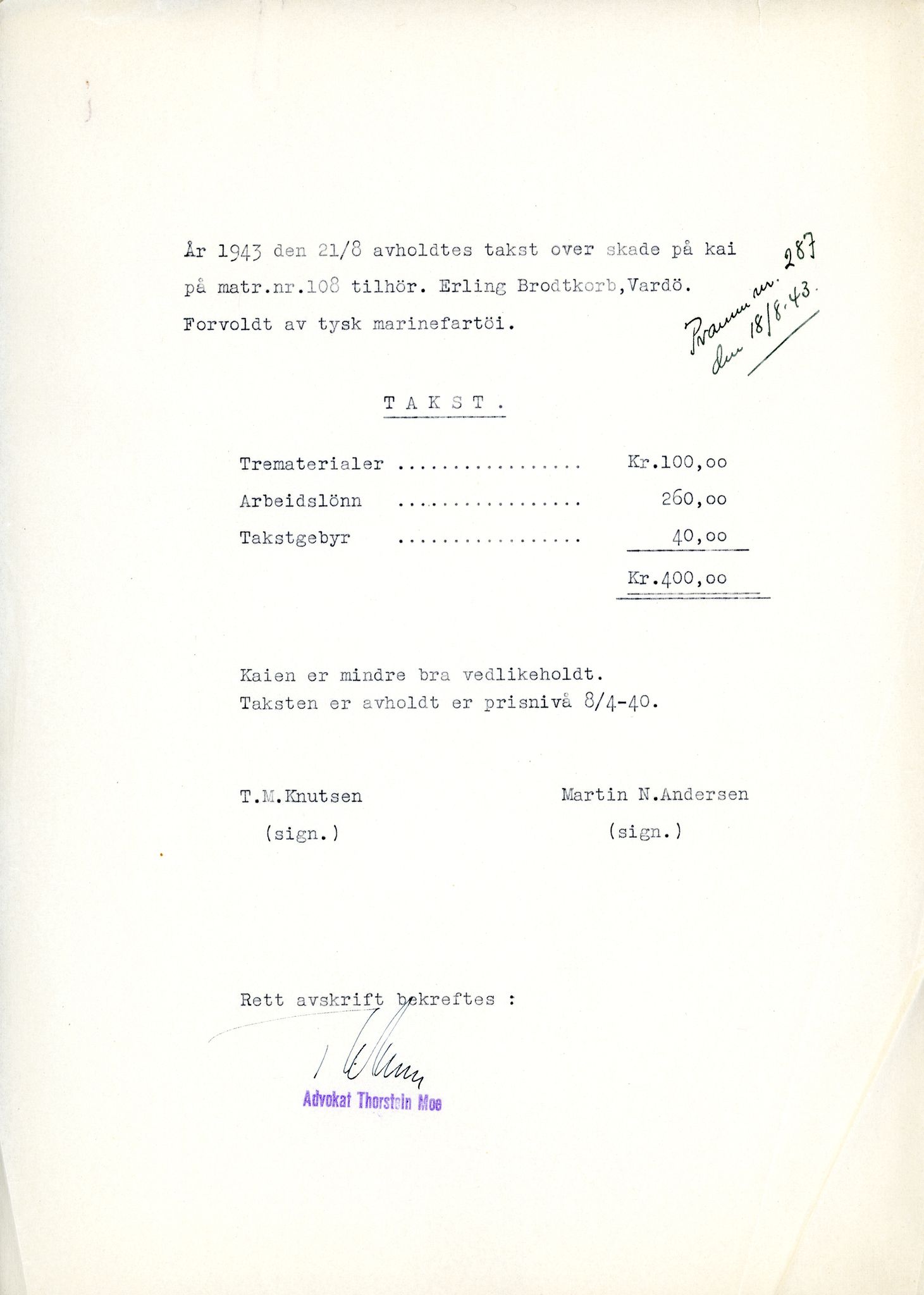 Erling Brodtkorb, Vardø, VAMU/A-0065/D/L0001/0009: Saksdokumenter / Wechrmacht. Ubetalte regninger etter Wechrmacht, 1940-1945