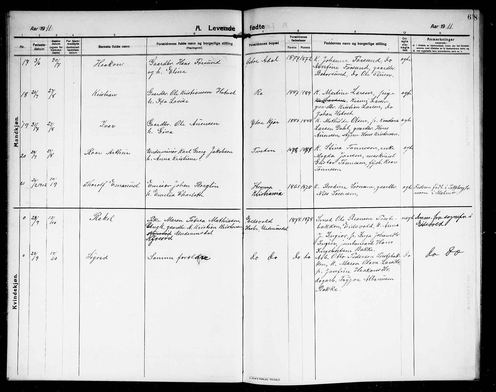 Borre kirkebøker, SAKO/A-338/G/Ga/L0006: Parish register (copy) no. I 6, 1911-1919, p. 6