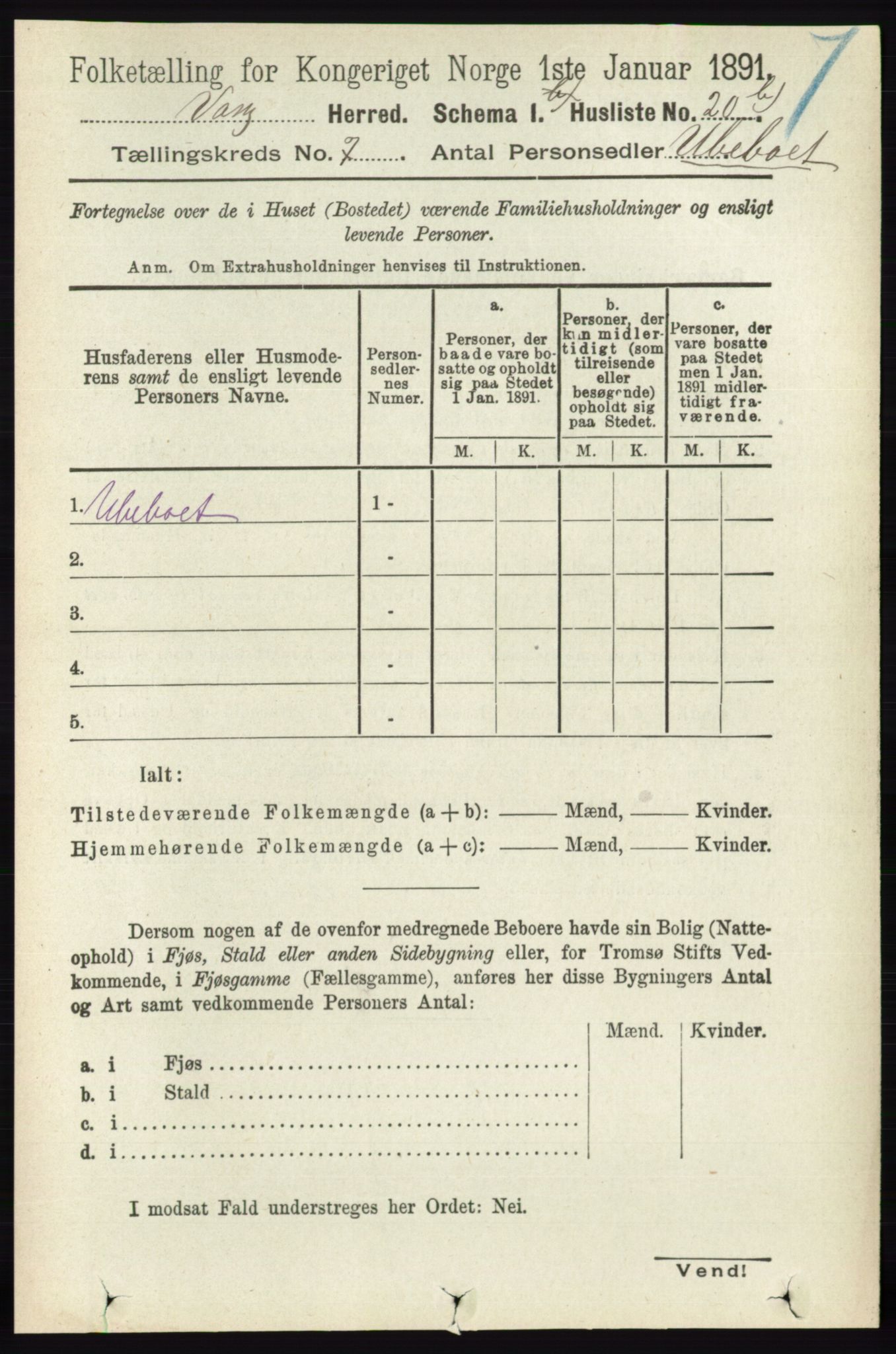 RA, 1891 census for 0414 Vang, 1891, p. 4940