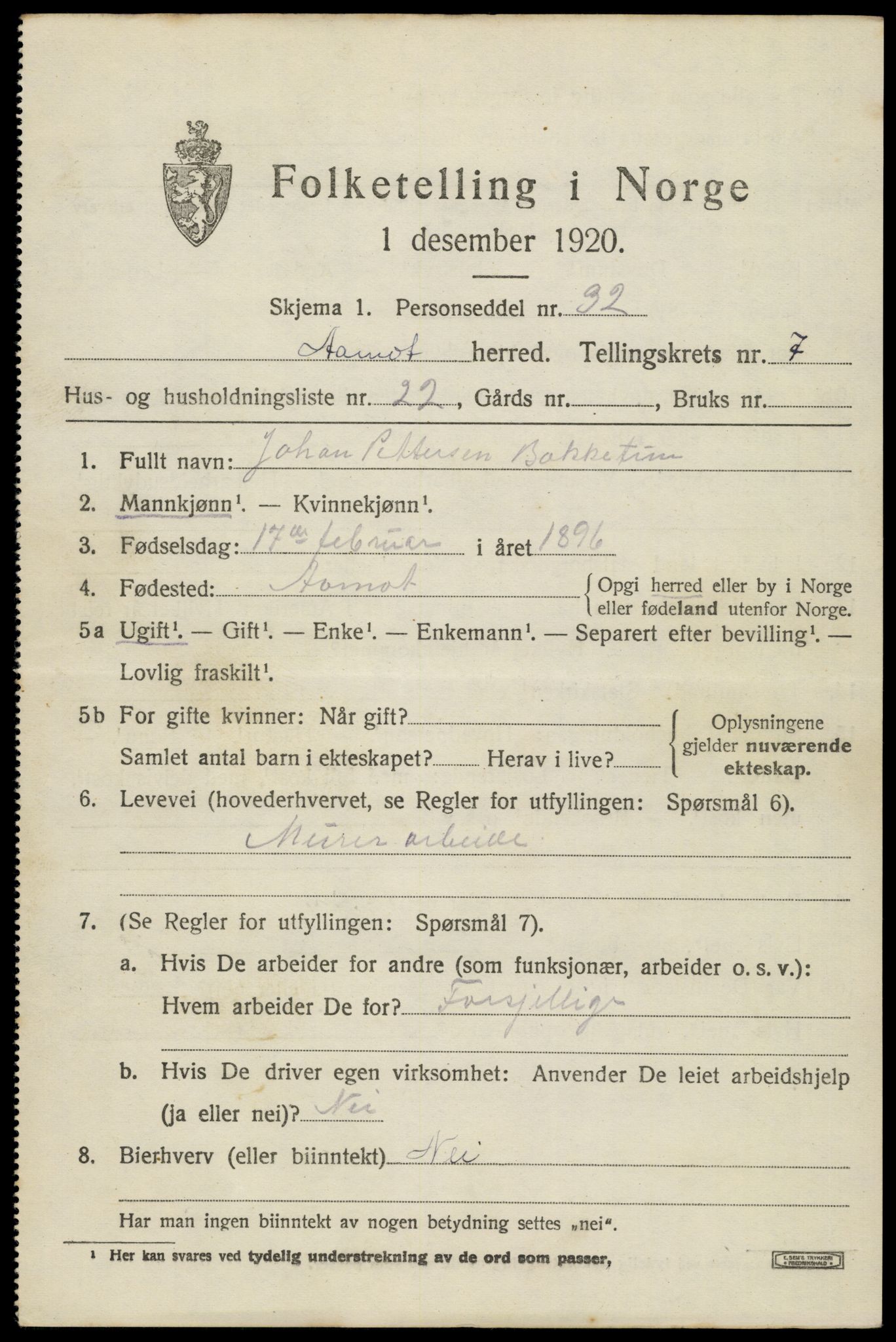 SAH, 1920 census for Åmot, 1920, p. 7967