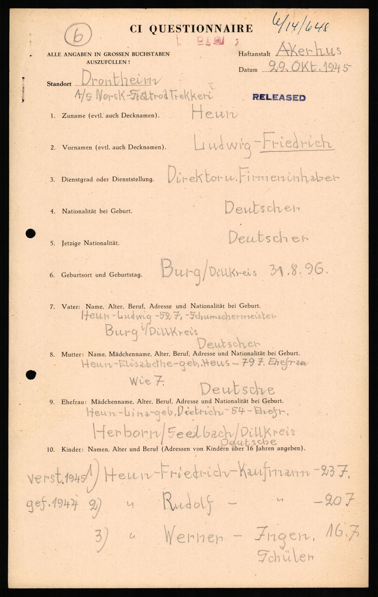 Forsvaret, Forsvarets overkommando II, RA/RAFA-3915/D/Db/L0013: CI Questionaires. Tyske okkupasjonsstyrker i Norge. Tyskere., 1945-1946, p. 126