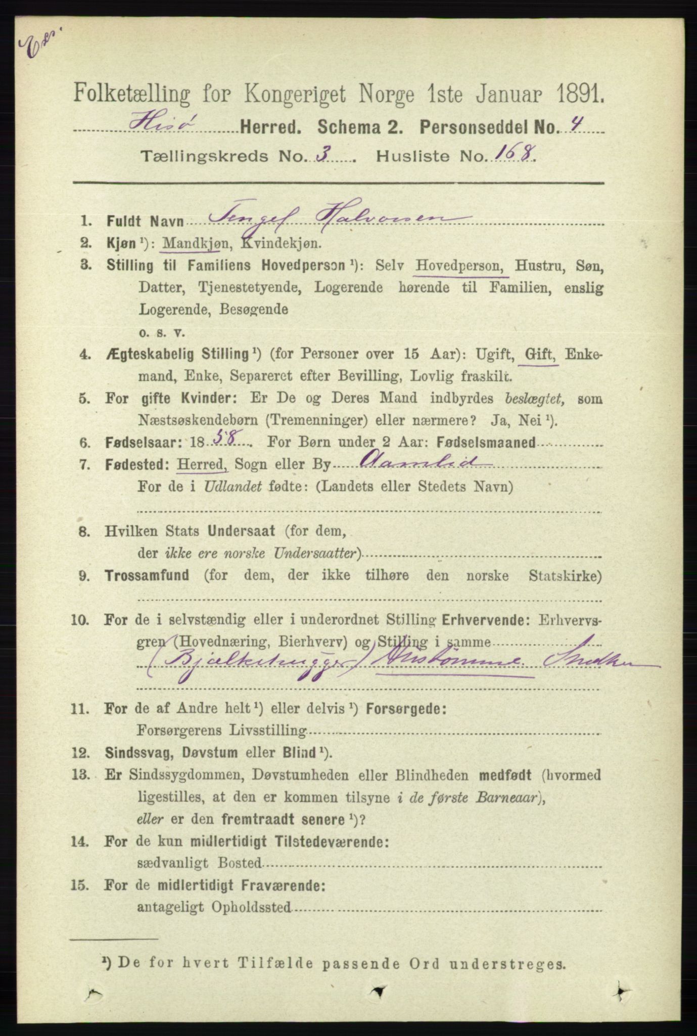 RA, Census 1891 for Nedenes amt: Gjenparter av personsedler for beslektede ektefeller, menn, 1891, p. 612