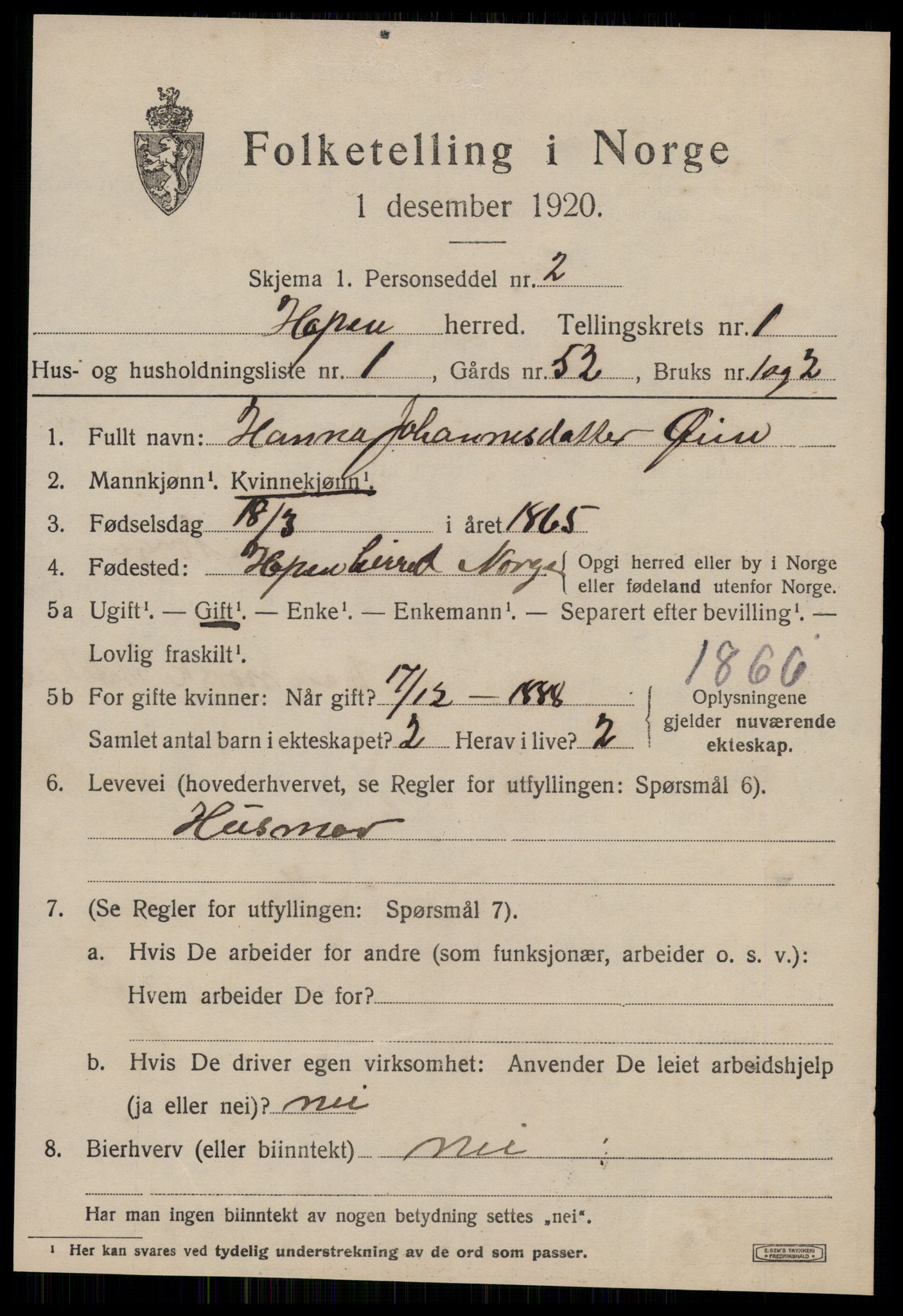 SAT, 1920 census for Hopen, 1920, p. 464